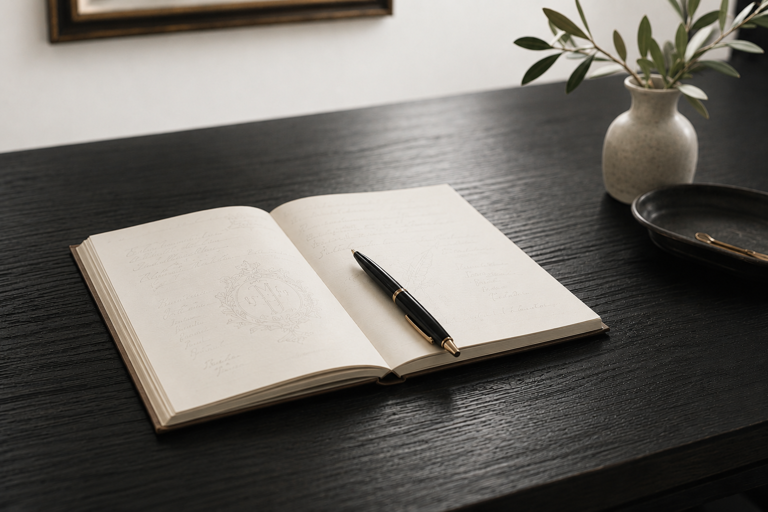 Open notebook with a black and gold pen resting on it, on a dark wooden table. In the background, there's a white vase with green leaves and a black tray with a small gold tool.