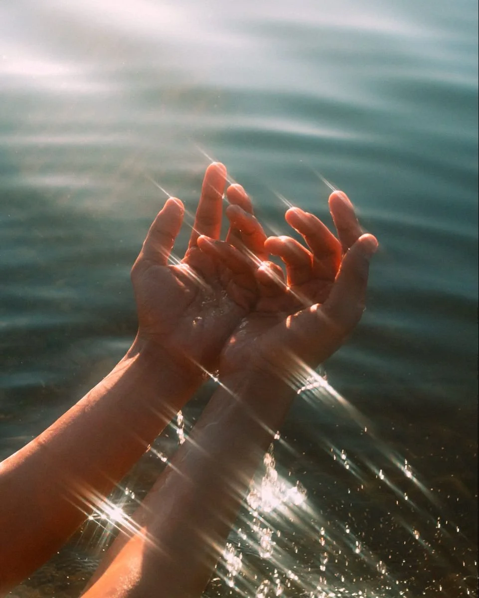 Two hands reaching out of water, with sunlight creating sparkles and reflections on the surface.