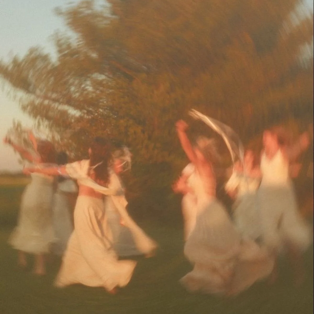 People dancing outdoors at sunset with trees in the background.