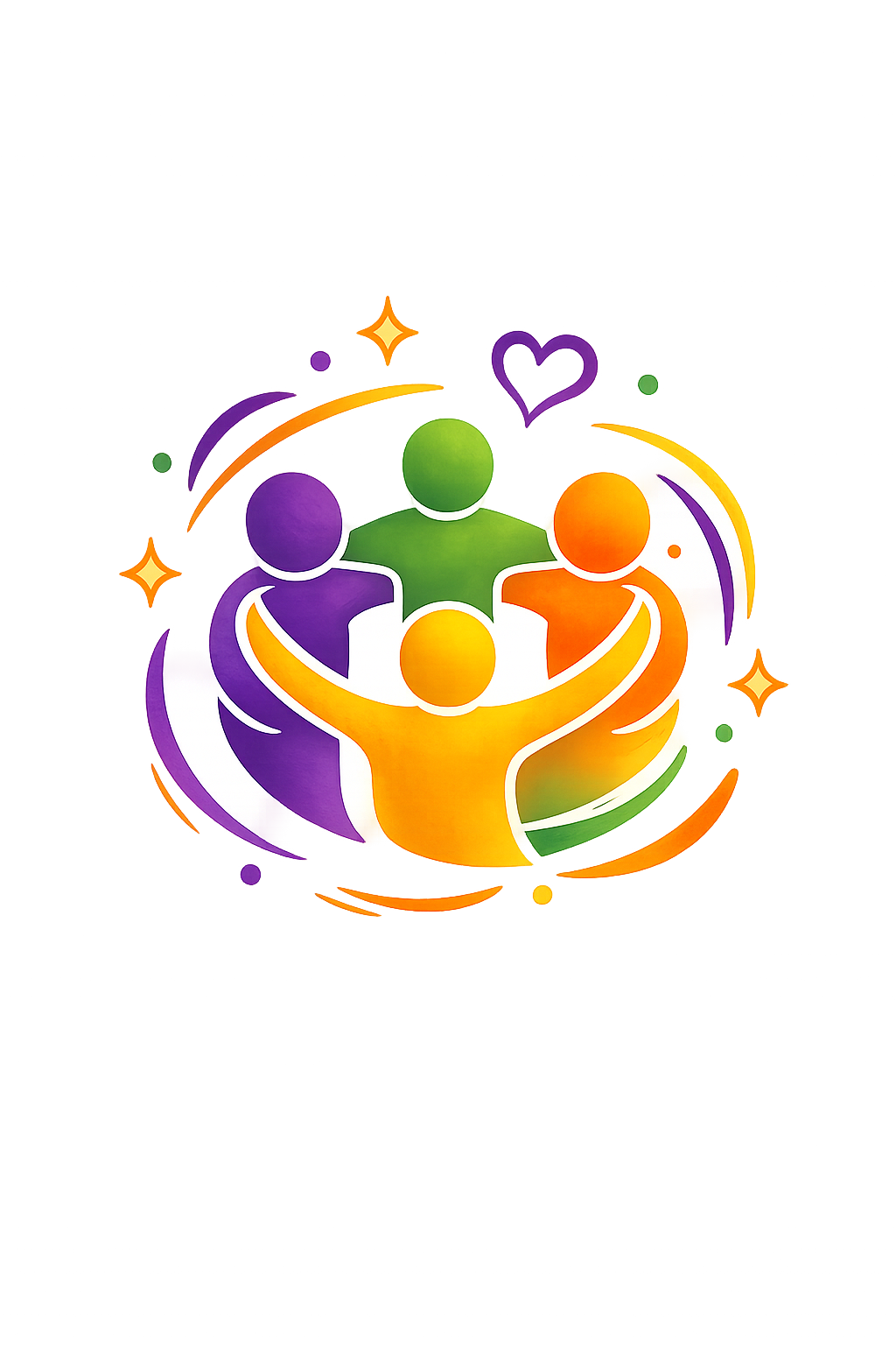 An icon of four people in various colours huddling in a circle with a purple heart at the top right
