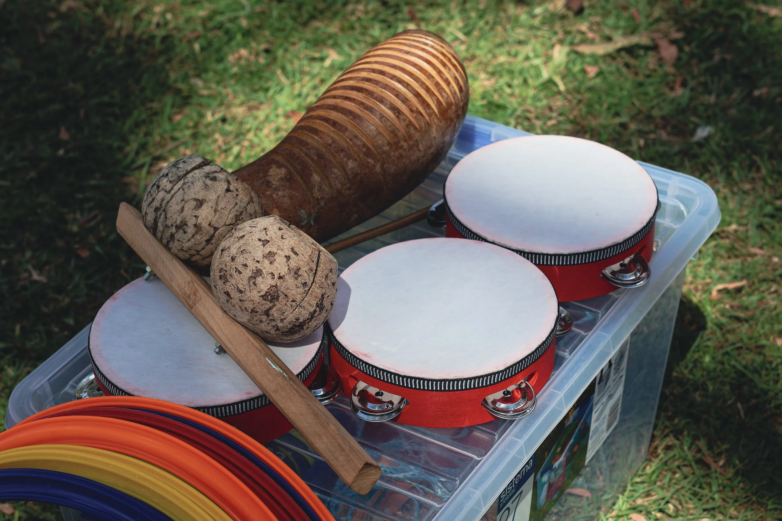 Various Brazilian musical instraments sitting on a large, clear container