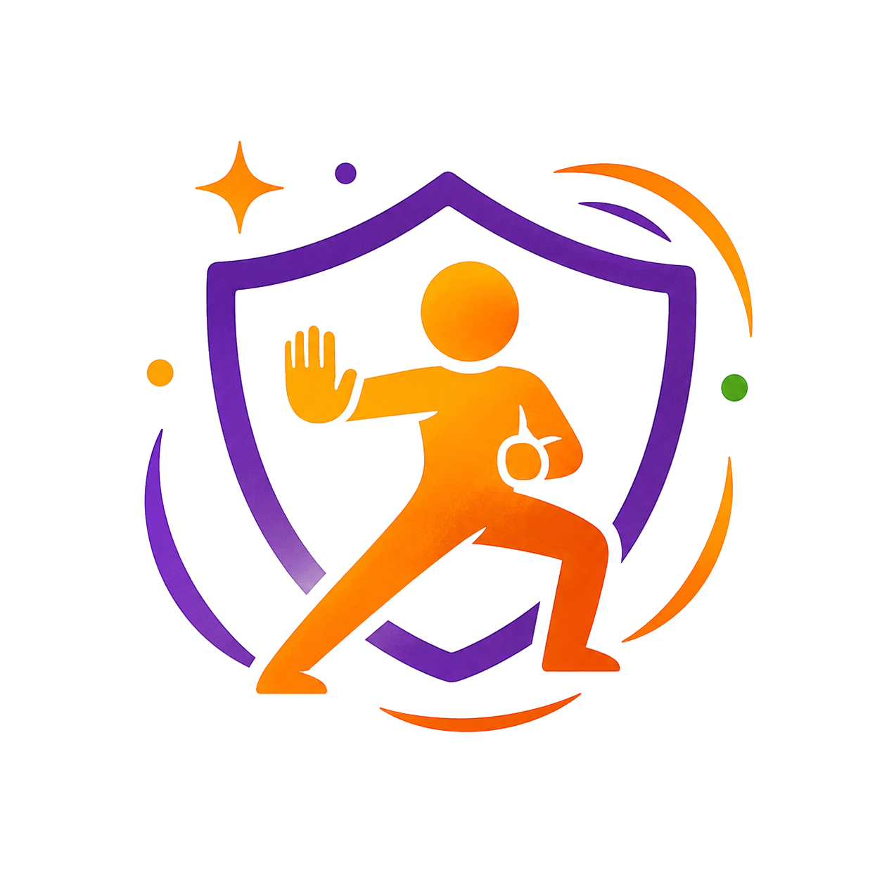 An icon with an orange person doing marital arts inside a purple shield