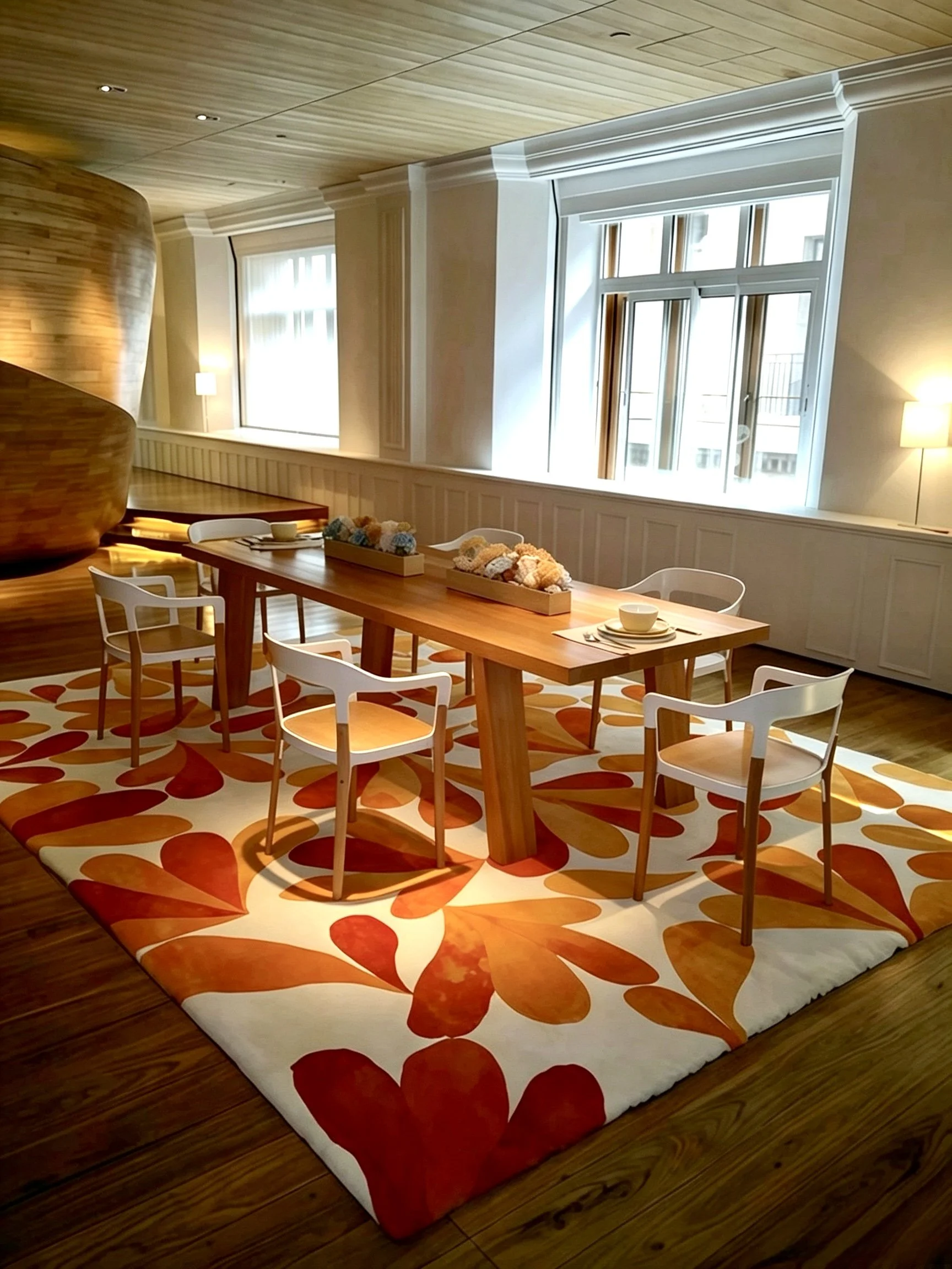 Sunlit dining room with a long wooden table, white chairs, and a colourful red-orange floral rug creating a warm, cheerful mood.