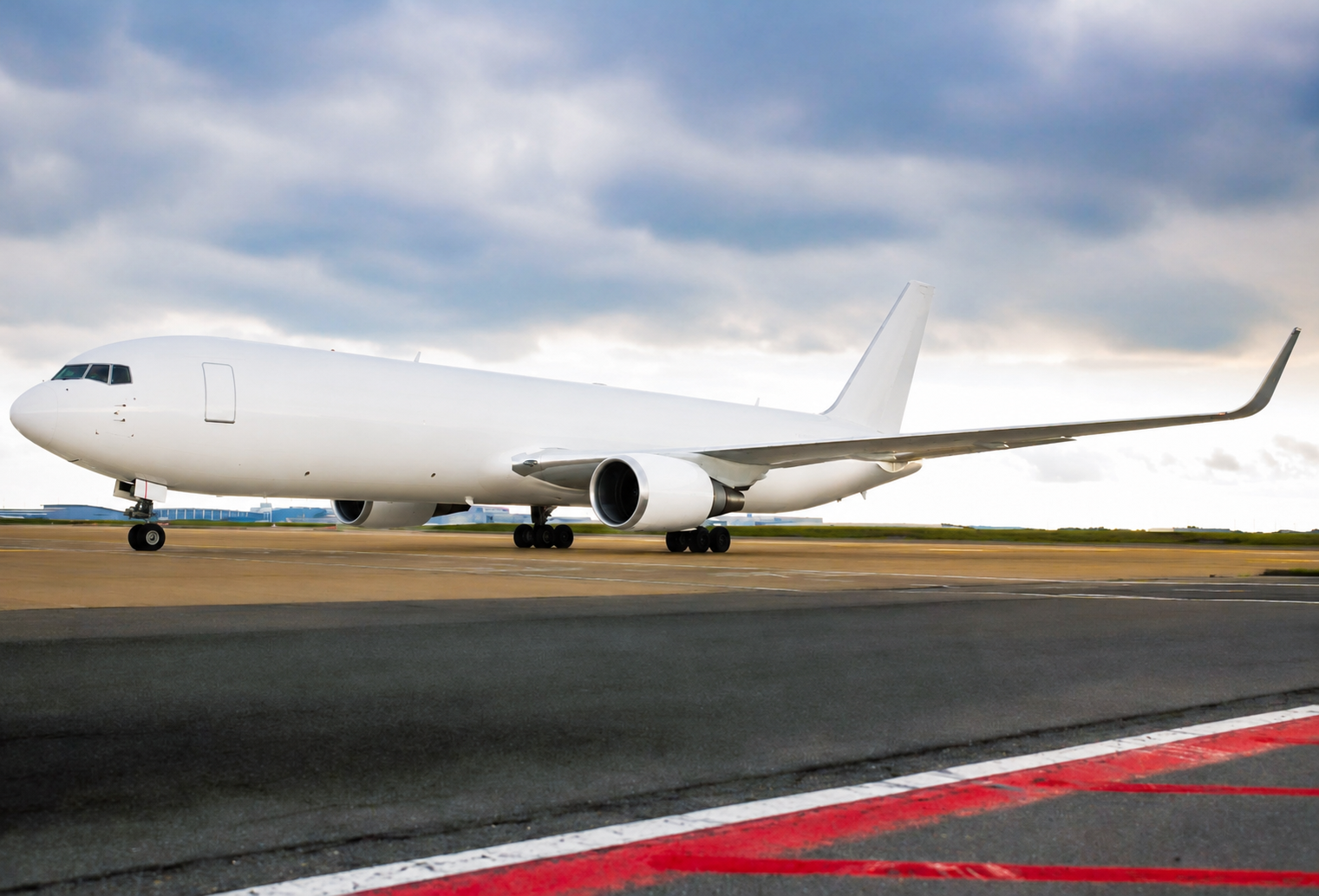 A large, white, commercial airplane on the runway at an airport, with a cloudy sky above.