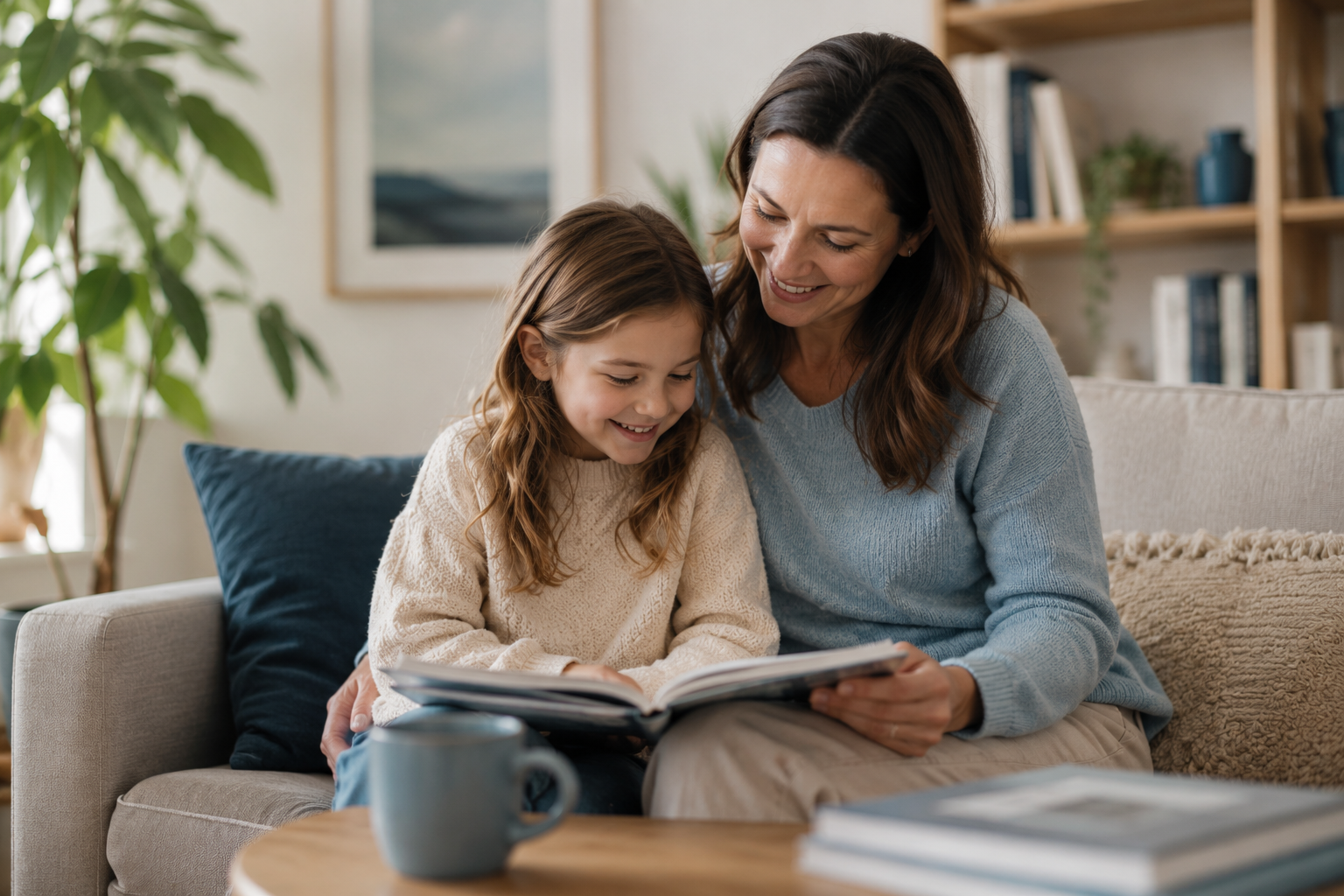 Parent reading with a school-age child while supporting learning and development