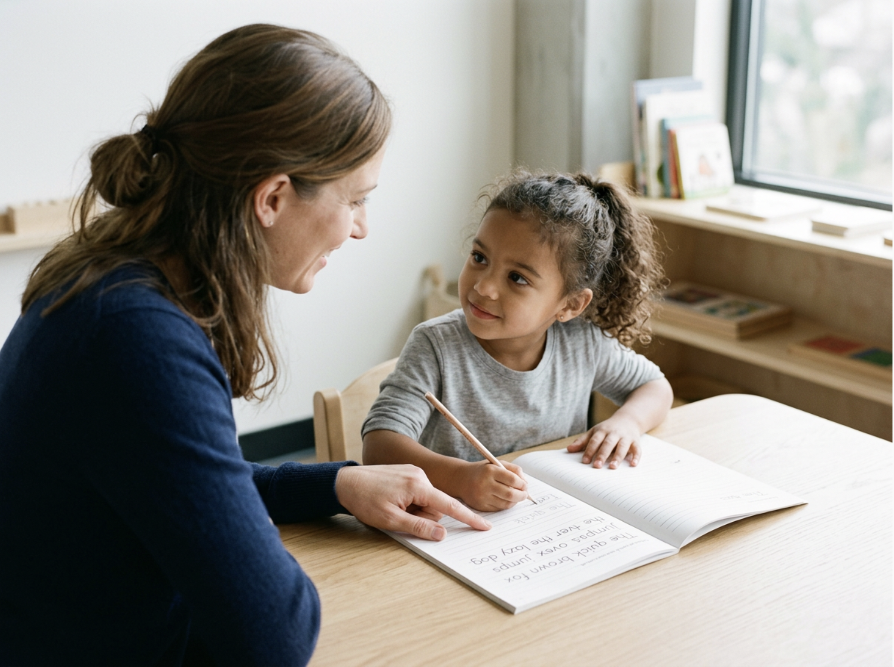 Psychologist guiding a child through a writing task during an assessment