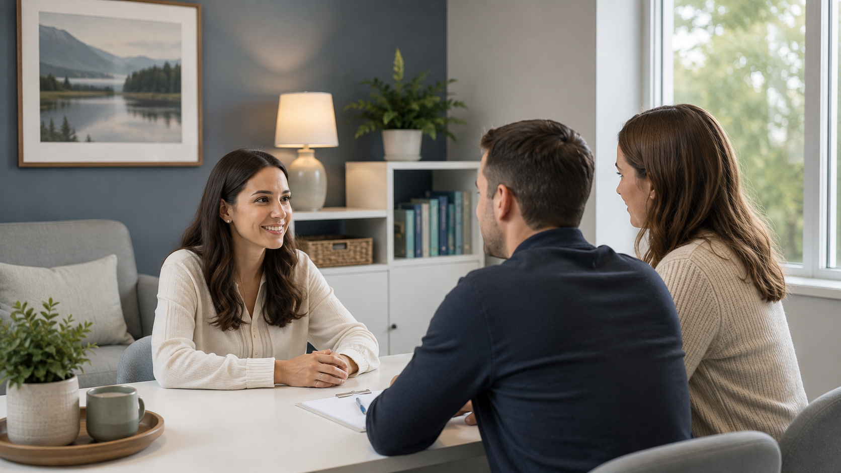 Psychologist discusses psychoeducational assessment results with two parents in her office.
