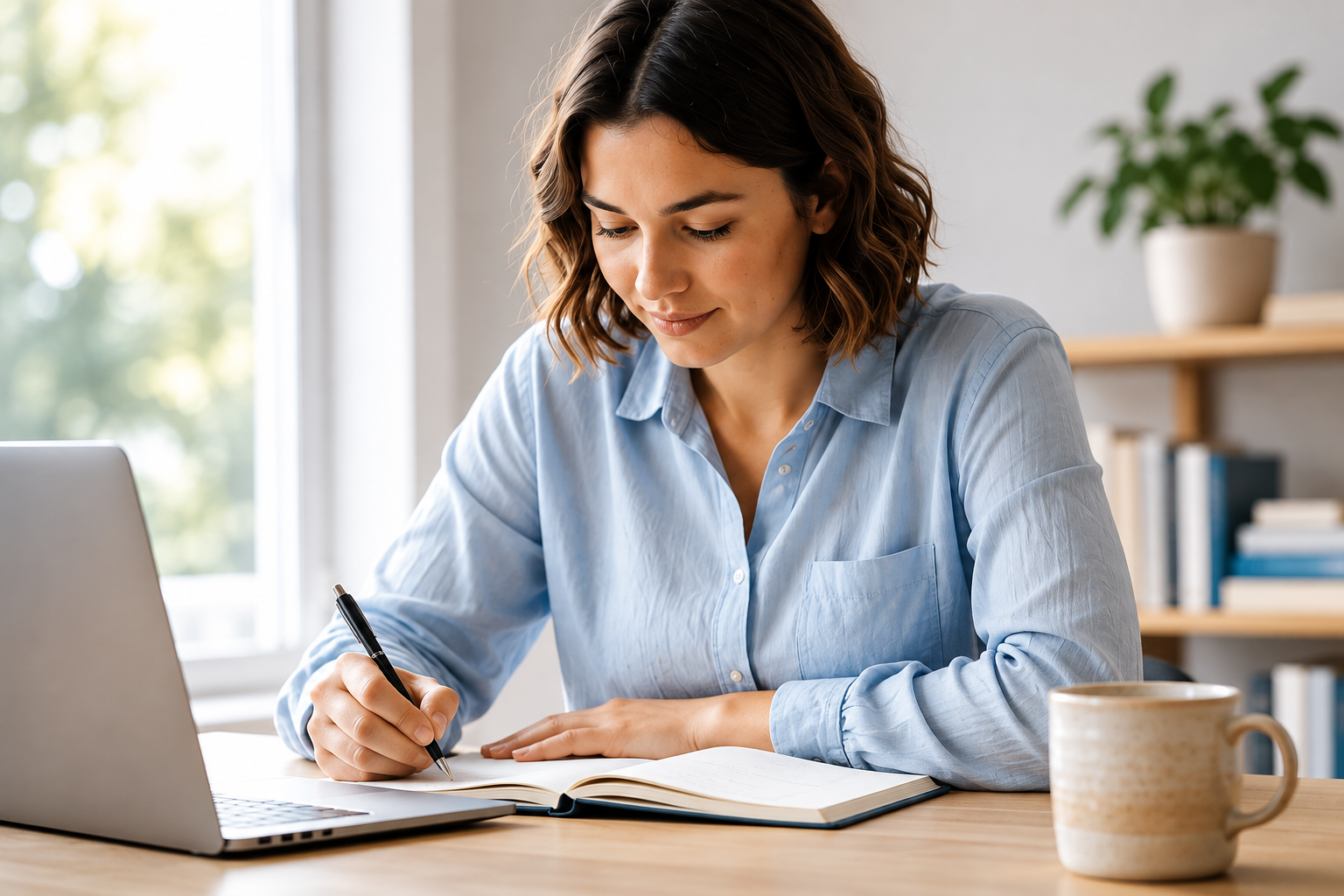 Adult student completing coursework with a notebook and laptop