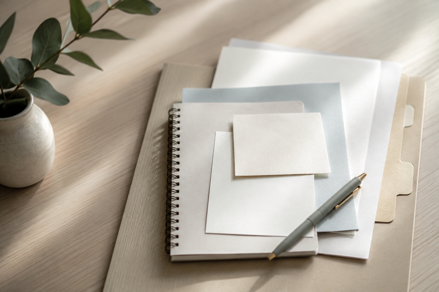 School screening documents, a notebook, and a pen arranged on a sunlit desk.