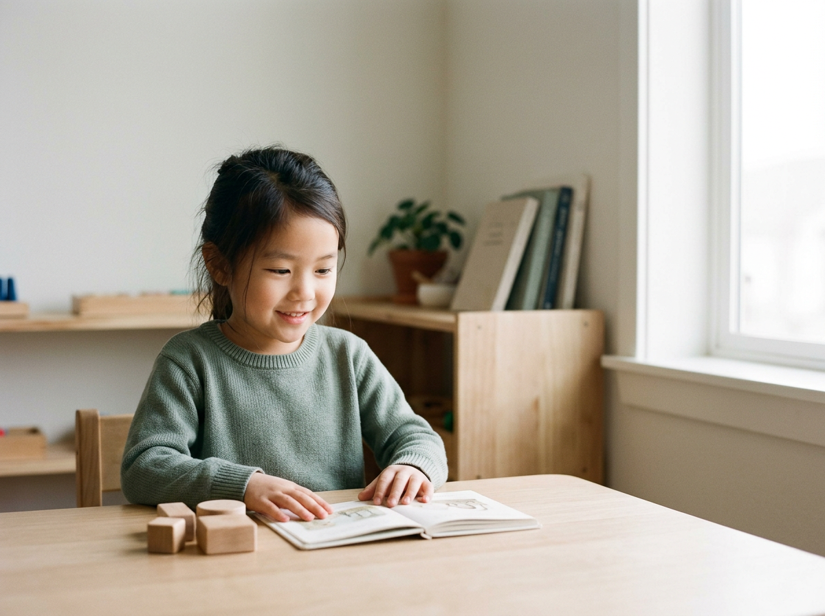 School-age child reading a picture book independently at a table