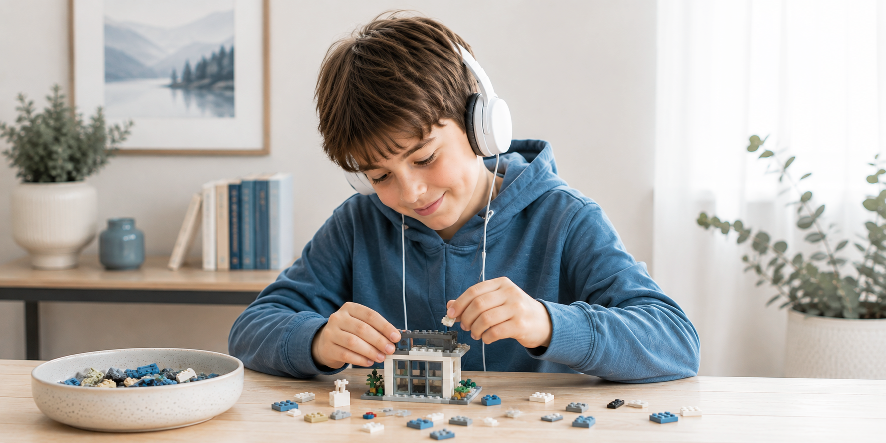 Child wearing headphones while building a model, illustrating strengths that may coexist with learning difficulties