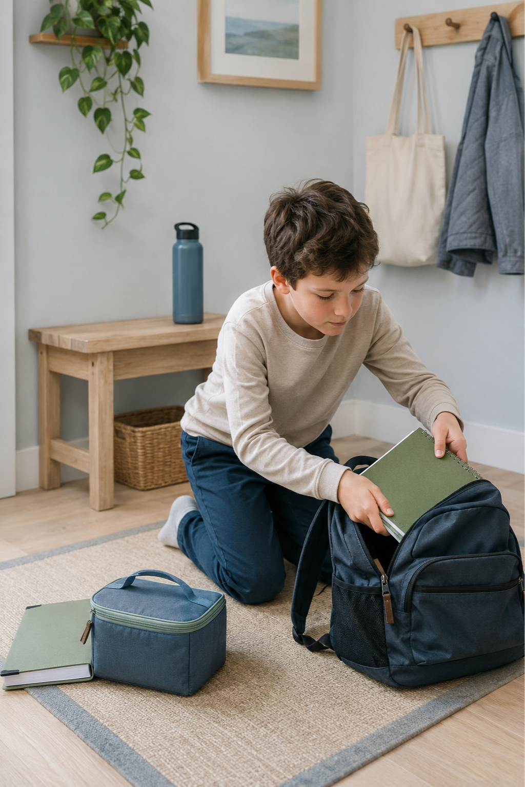 School-age child organizing notebooks and supplies in a backpack