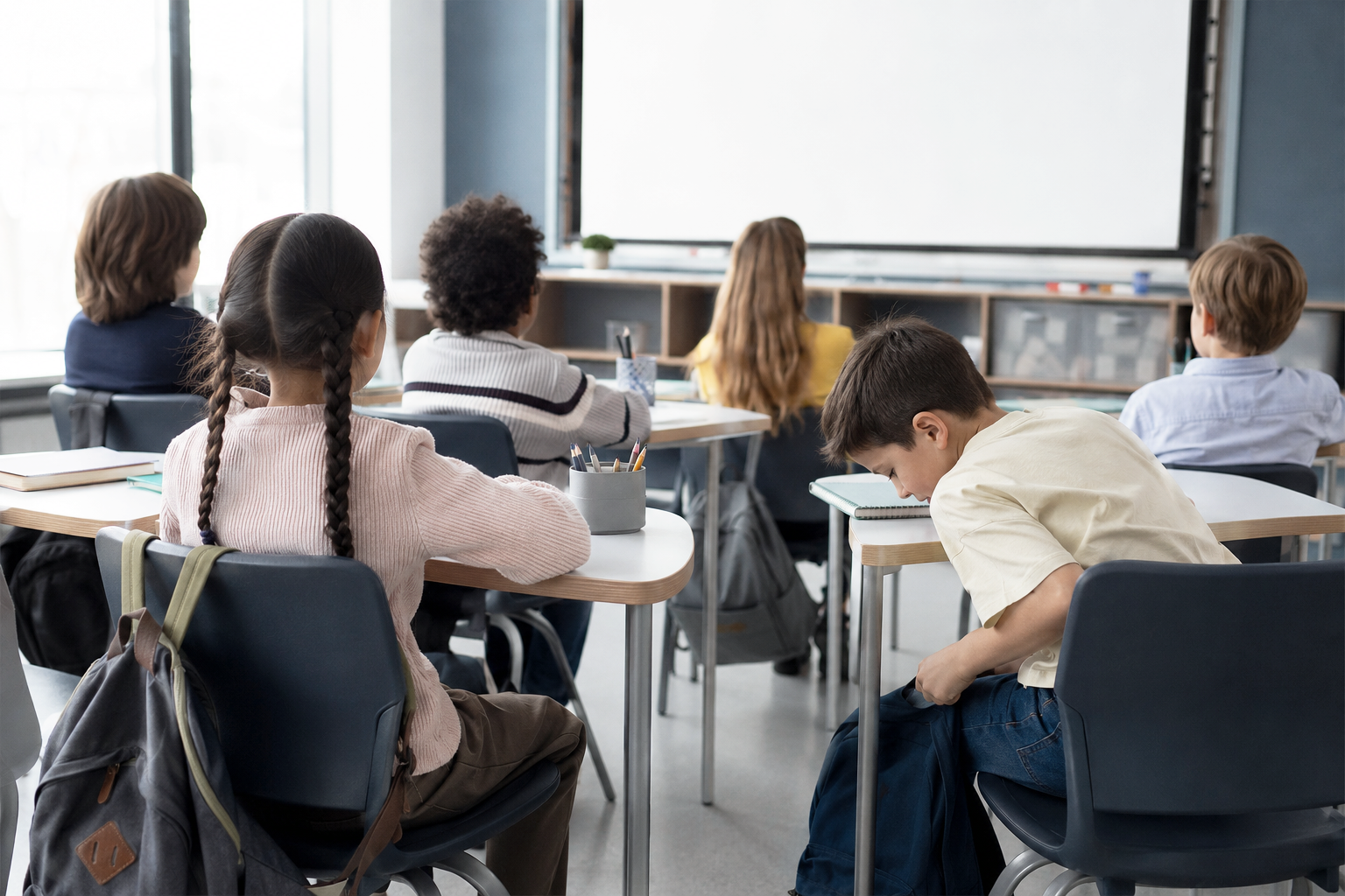 Student looking through a backpack while classmates face the front of the classroom, illustrating ADHD-related attention and organization difficulties