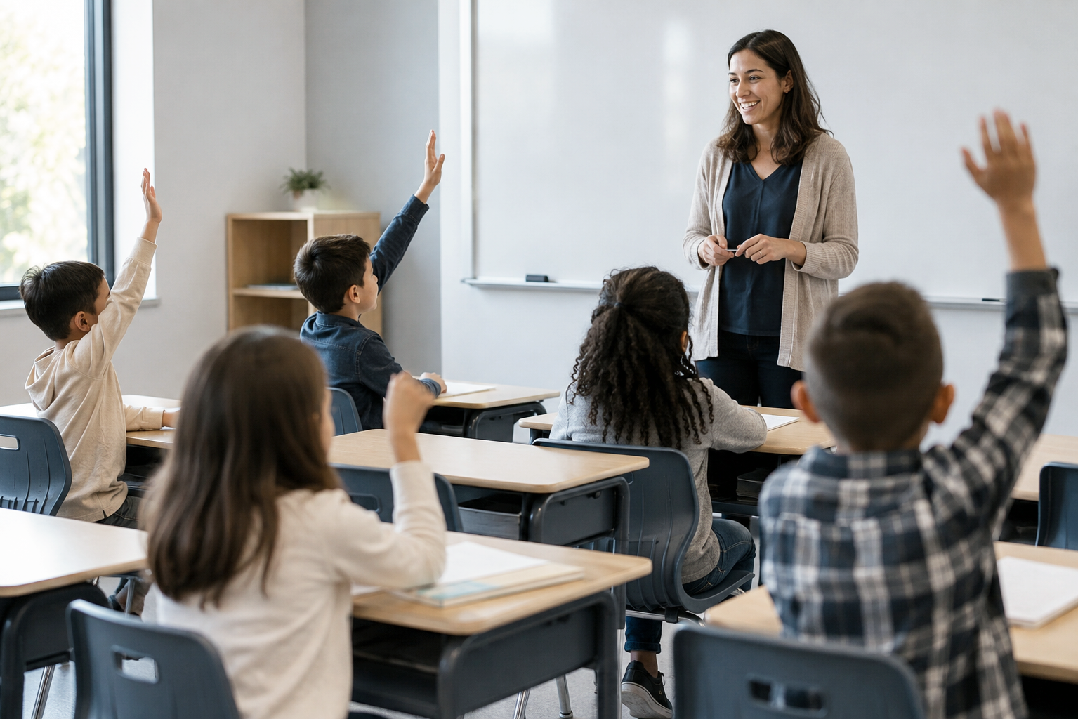 Teacher with elementary students for an article about signs a child may need a psychoeducational assessment