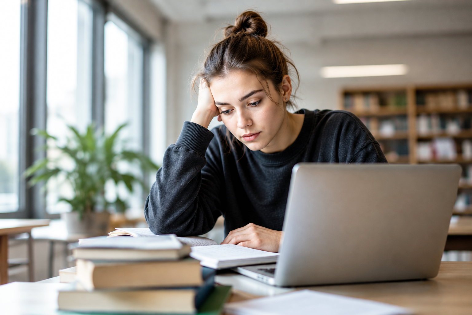 Post-secondary student having difficulty focusing while studying with books and a laptop