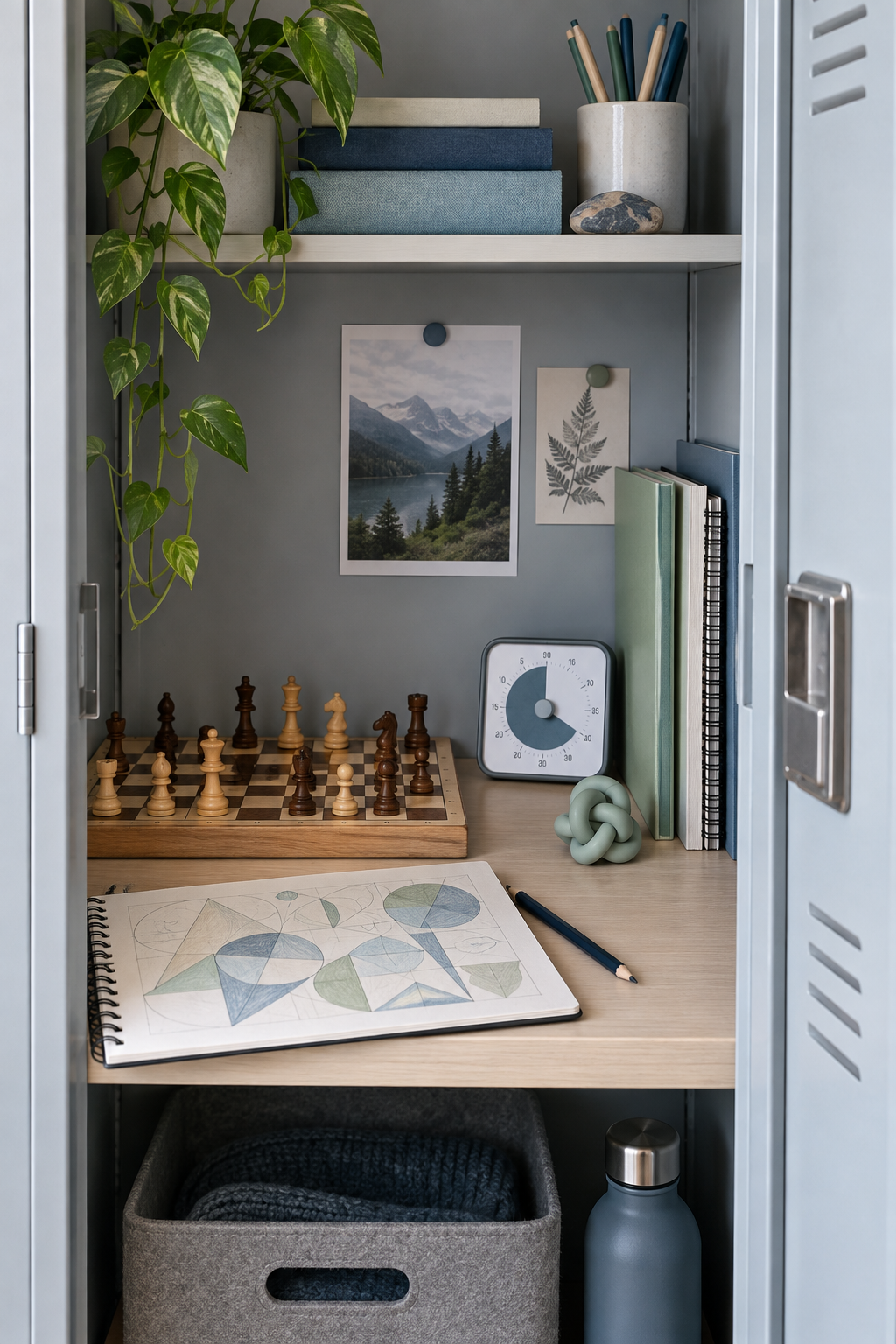 Study nook with chess, geometric artwork, a timer, folders and a sensory tool