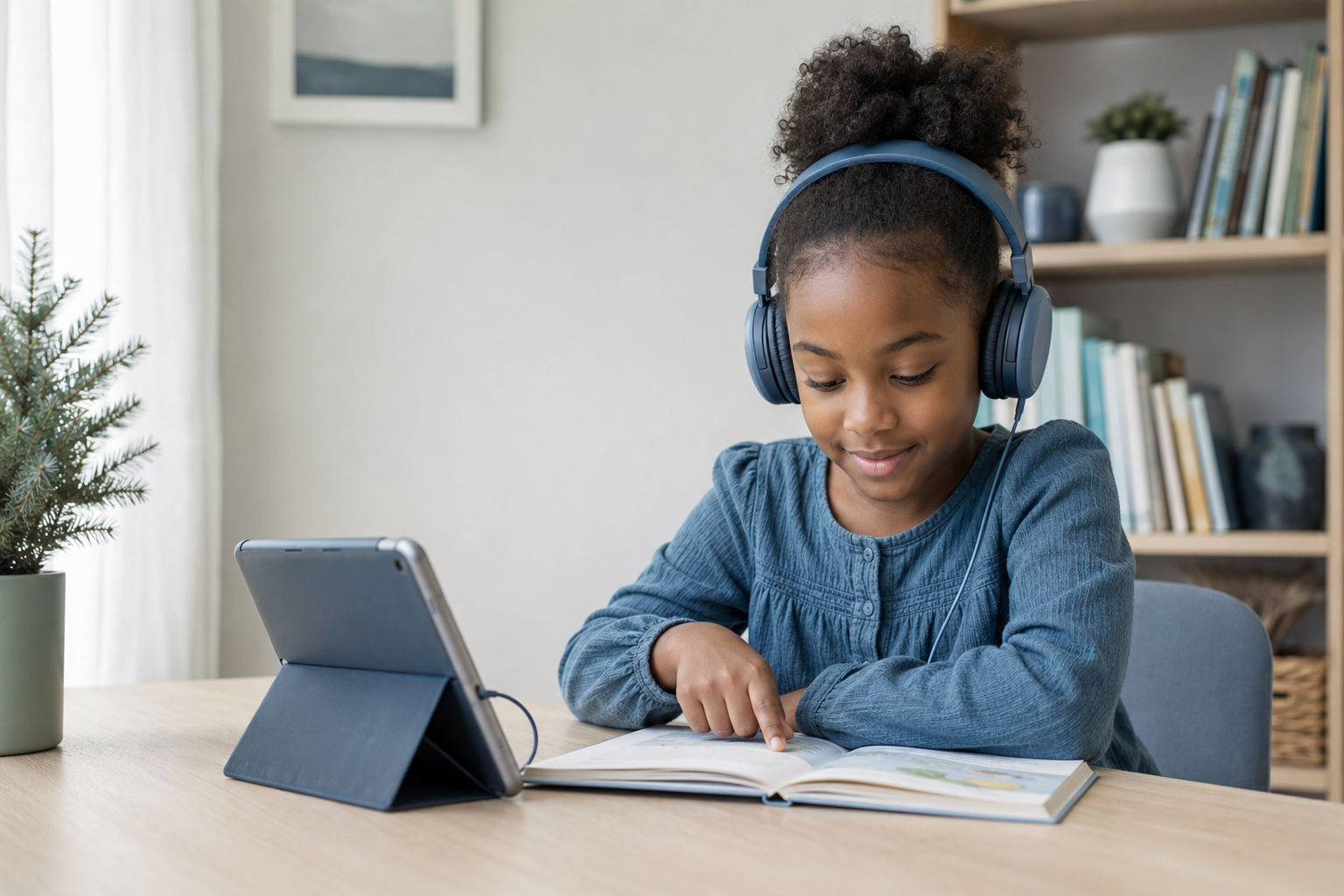 Child using headphones and a tablet while reading for guidance on what a psychoeducational assessment can diagnose