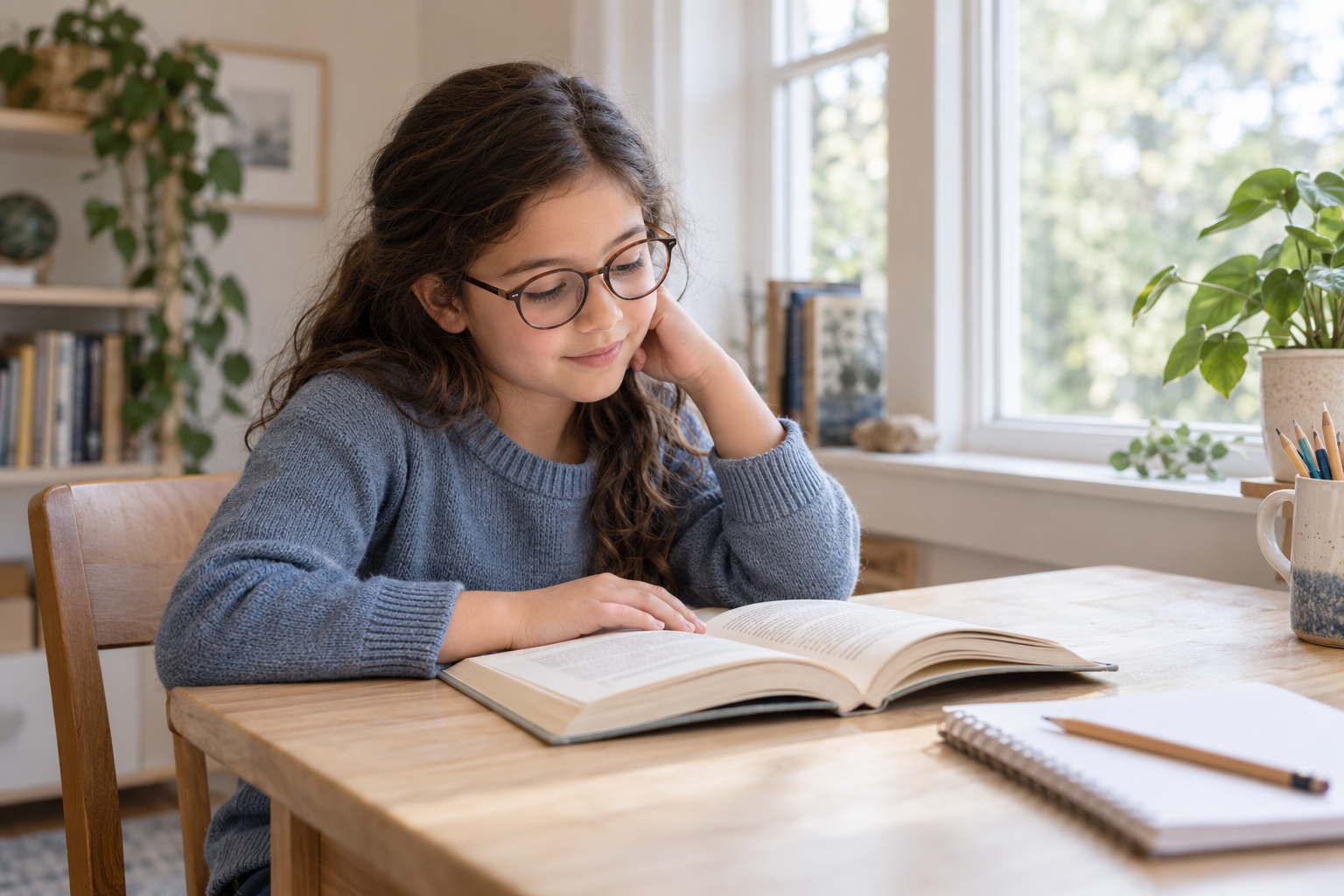 A young girl with glasses reading a book at a wooden table in a bright room with large windows and potted plants.