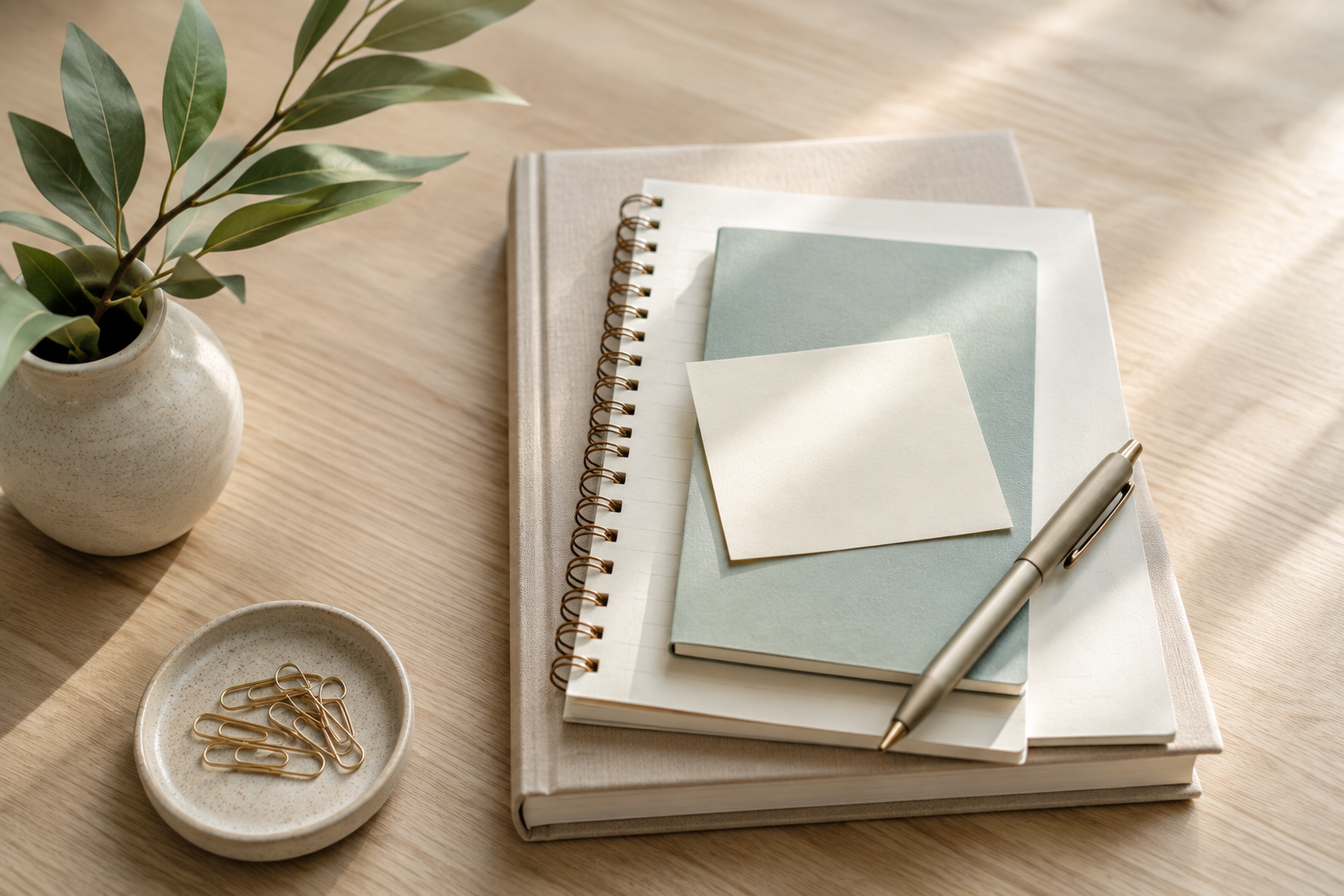 Office desk with a potted plant, a stack of notebooks, a sheet of paper, a pen, and a small dish with paperclips.