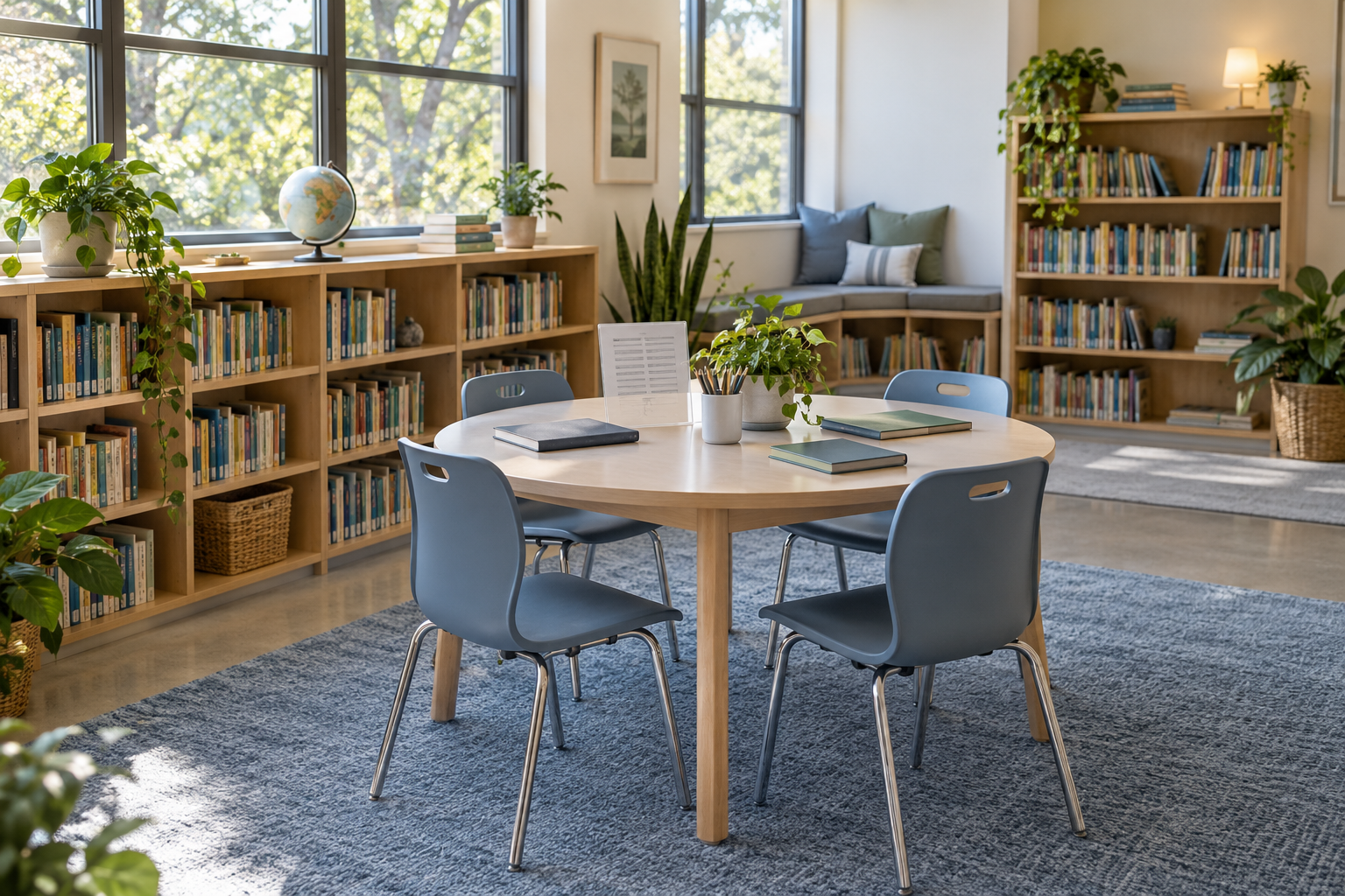 Empty classroom reading area with bookshelves and a round table.
