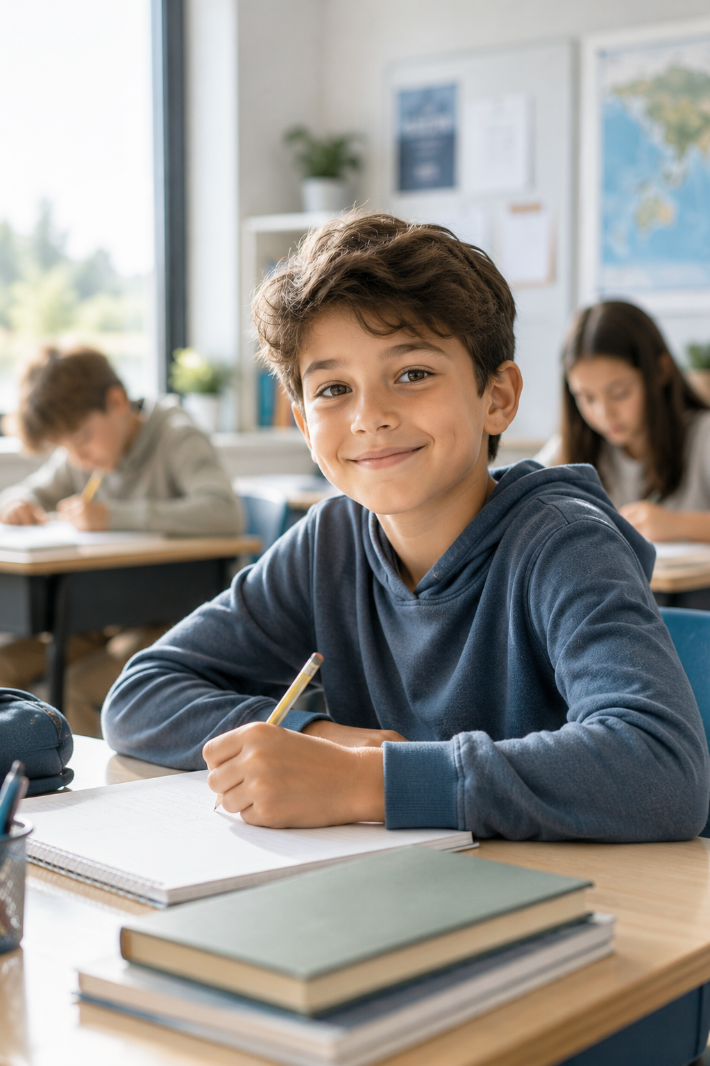 School-age child completing written work during a learning assessment