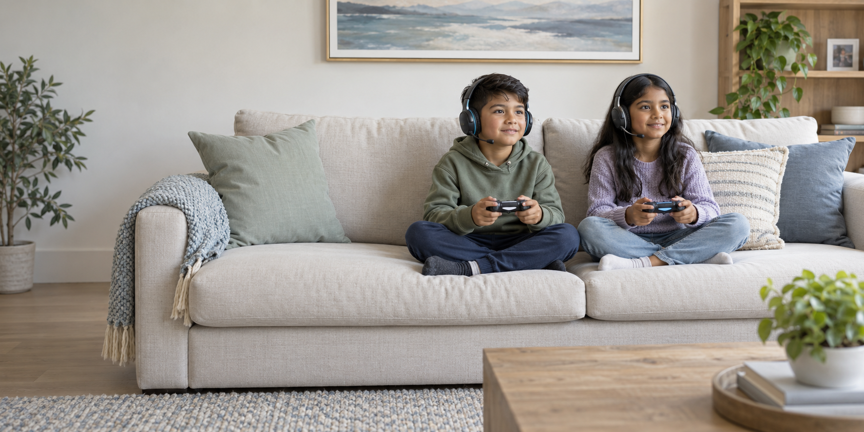 Two children wearing gaming headsets and using controllers while sitting together on a couch.