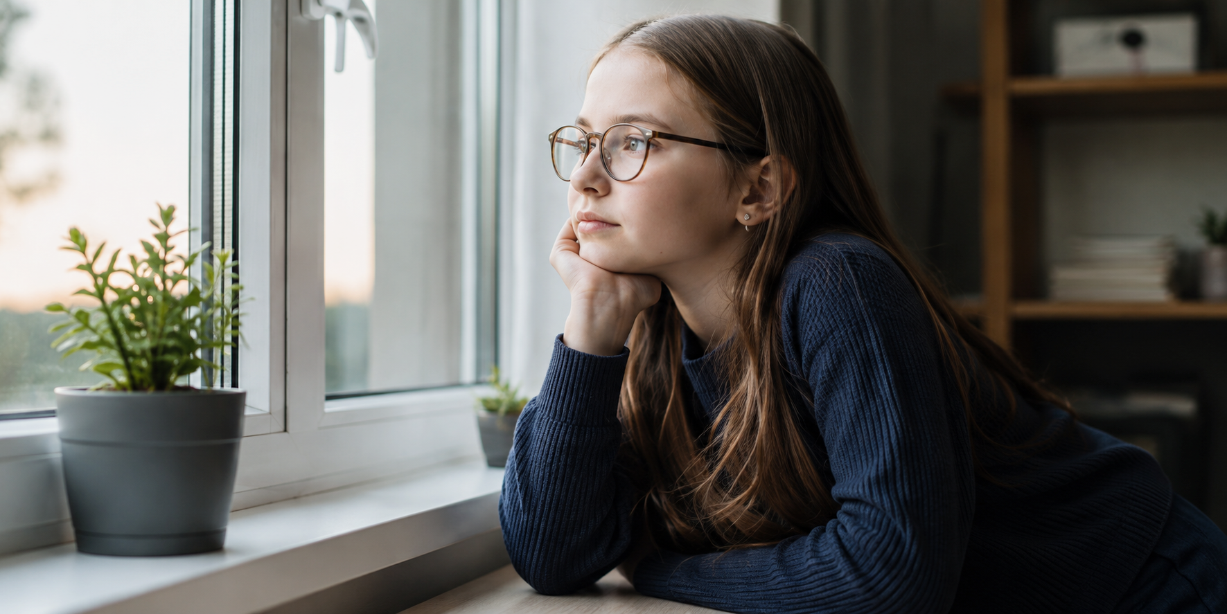 Teen sitting quietly by a window, illustrating internalized worry that may be less visible at school