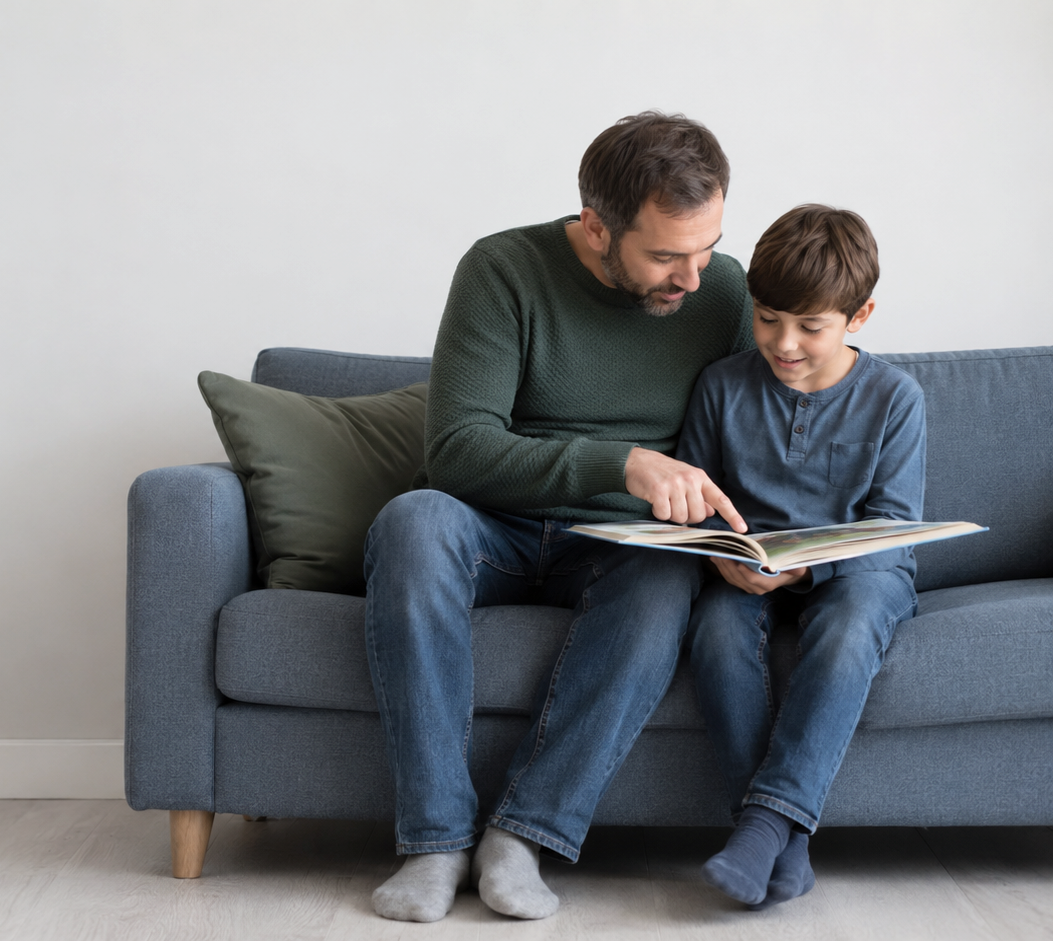 A man and boy sitting on a blue sofa reading a book together in a living room.