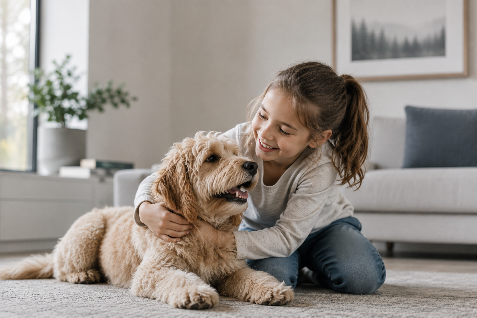 School-age child spending time with a dog in a comfortable home setting