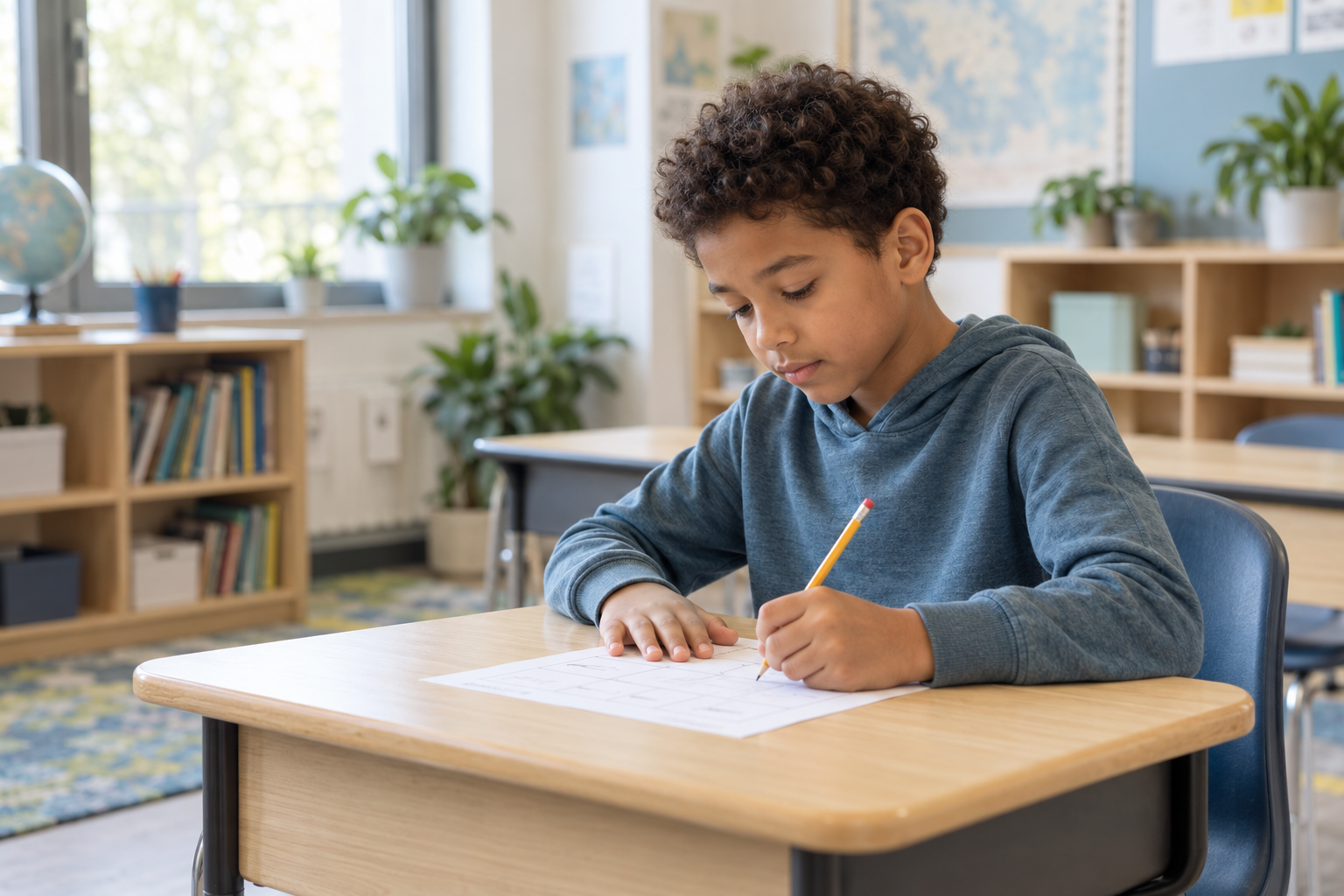 Grade 4 student completes a math worksheet at a classroom desk.