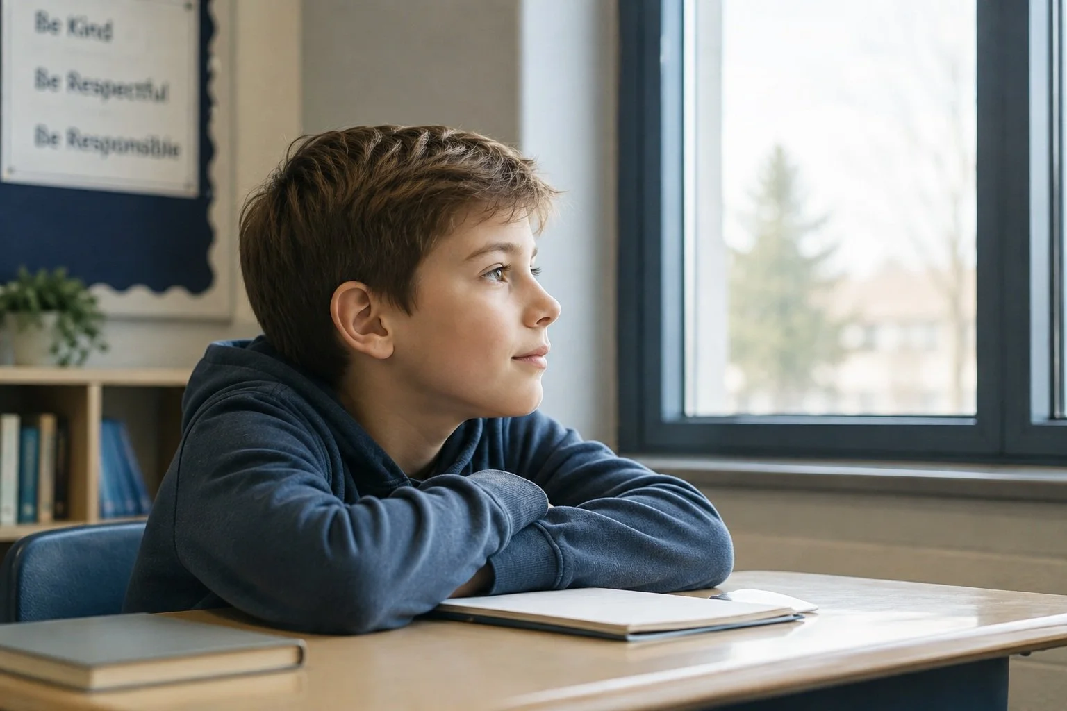 A young boy sits at a desk in a classroom, gazing thoughtfully out of a window.