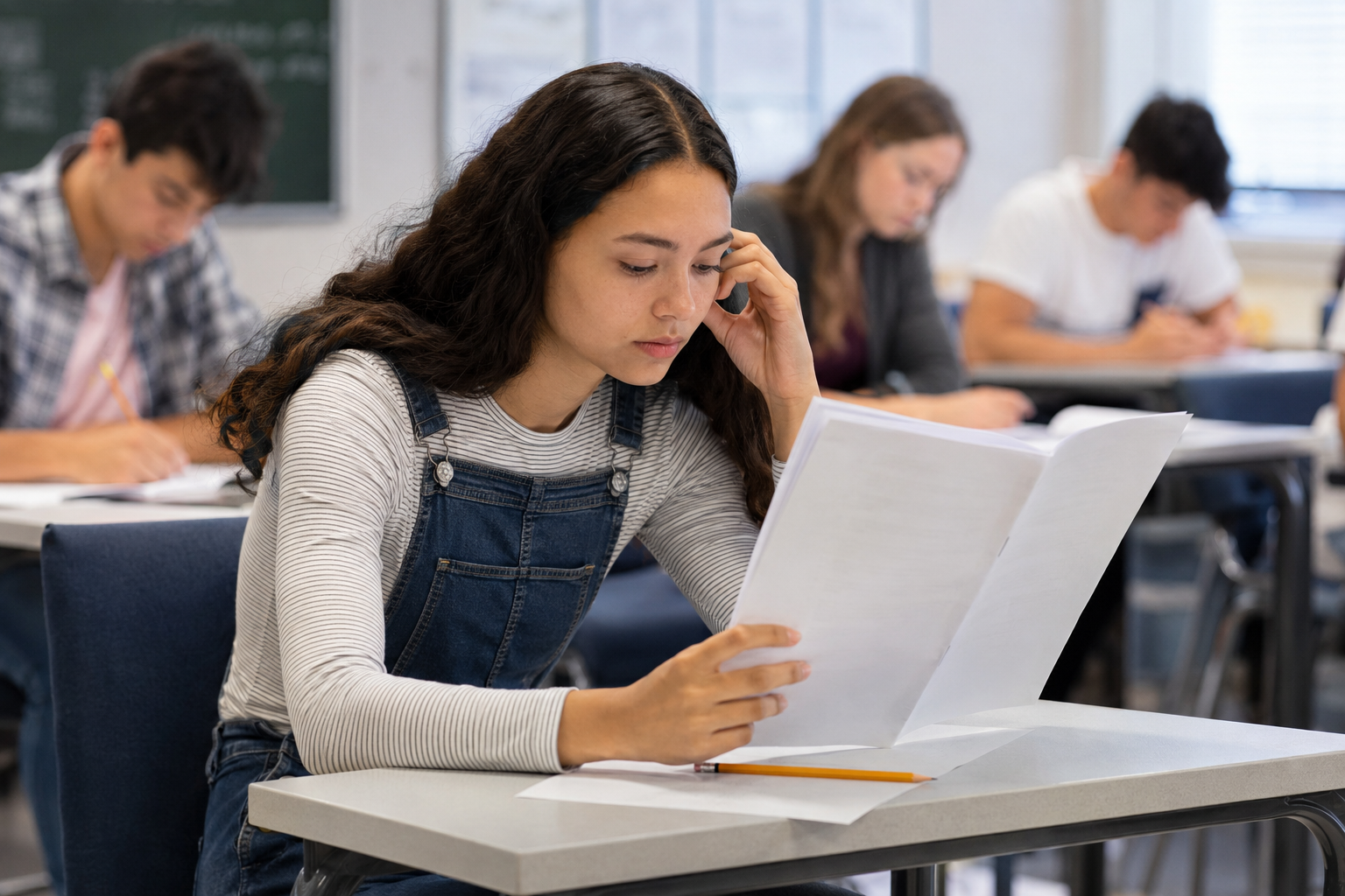 Teen reviewing schoolwork in class for guidance on whether ADHD or anxiety may be affecting school