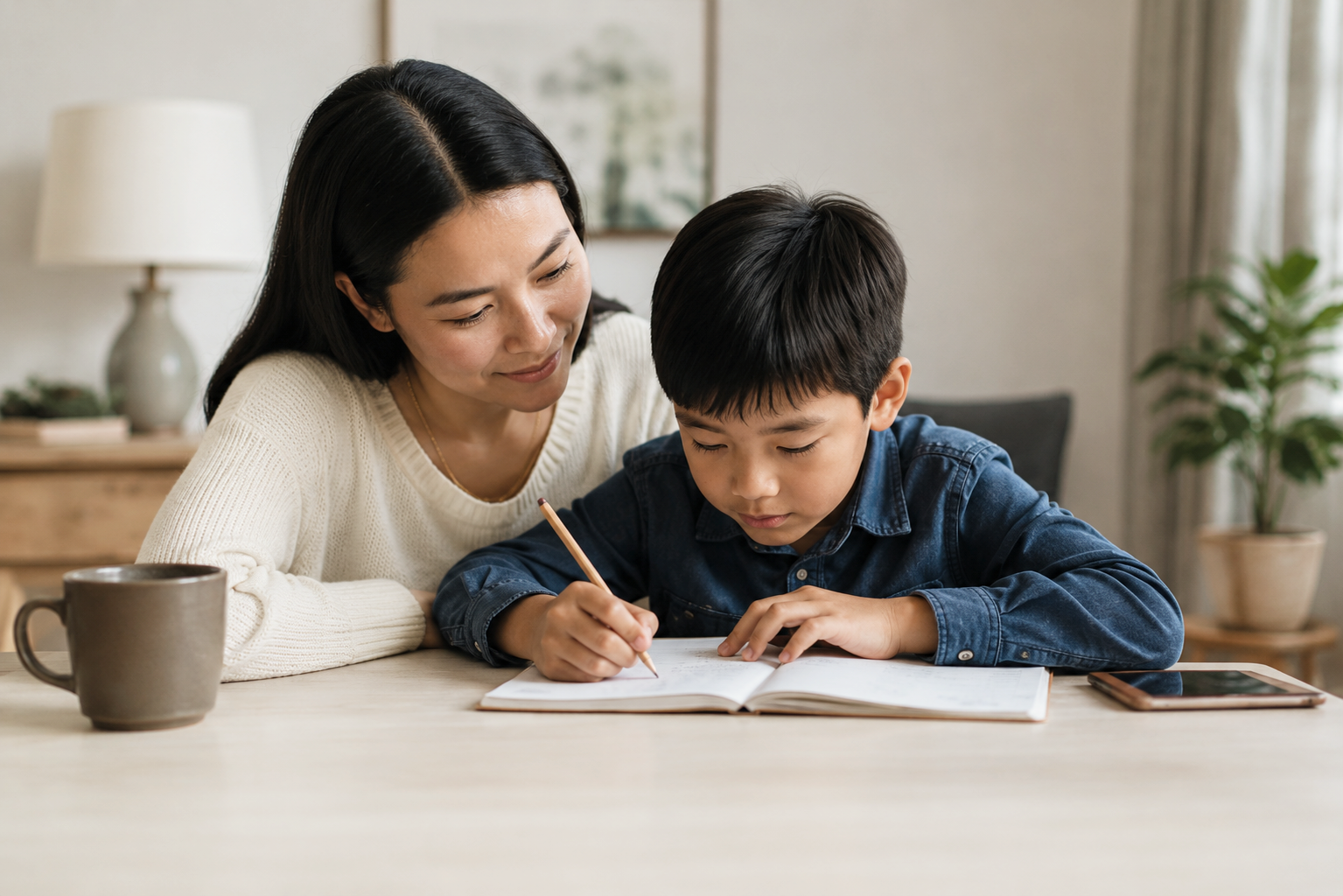 Parent supporting an elementary-age child with writing practice at home