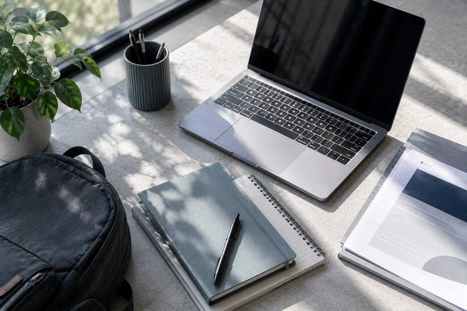 Laptop, backpack and notebooks arranged for school planning and organization