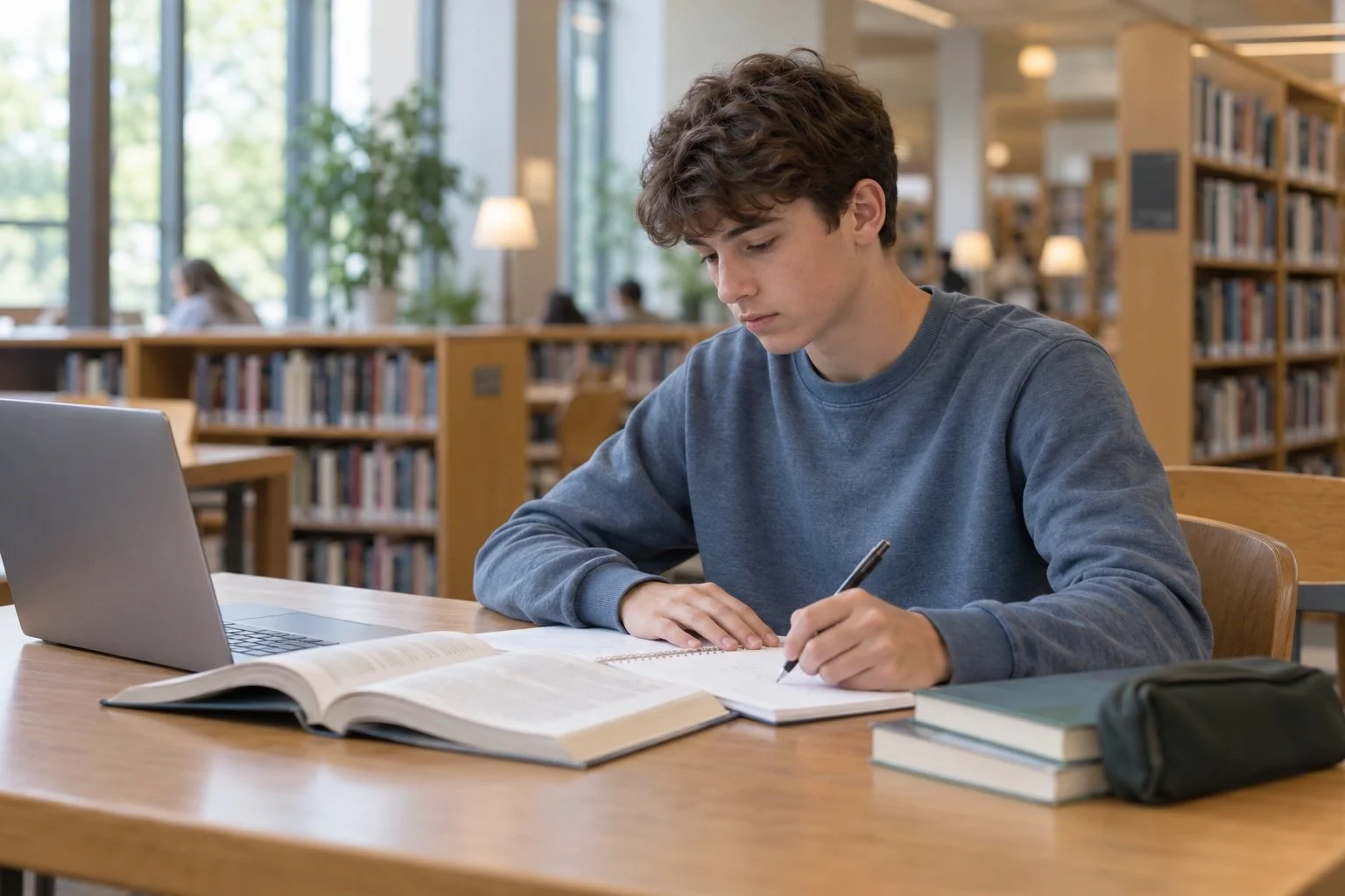 A young man sitting at a wooden table in a library, studying with an open book, notebooks, a laptop, and a pencil in hand, with bookshelves and large windows in the background.