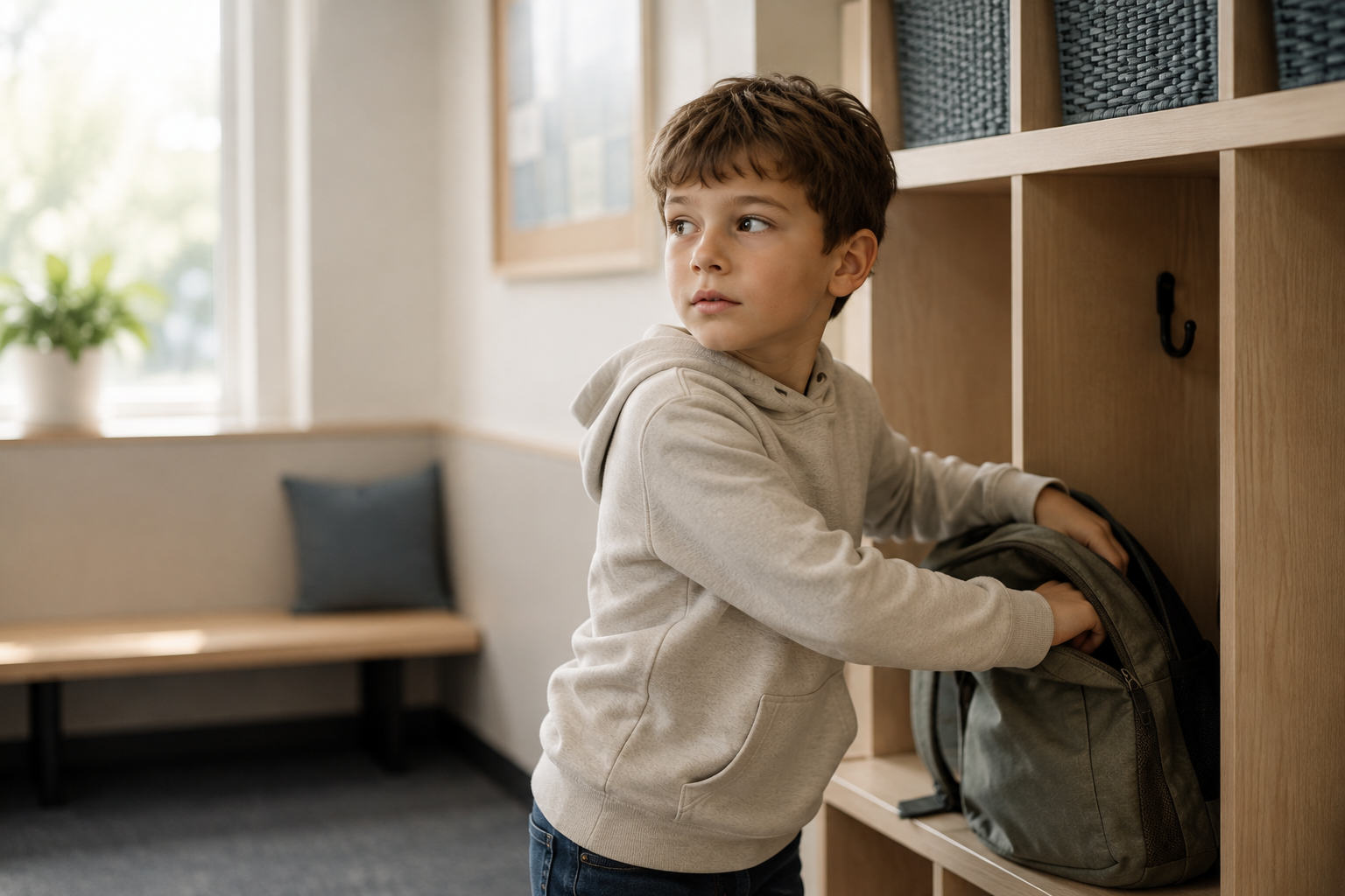 Child distracted while putting away a backpack, illustrating everyday executive functioning challenges