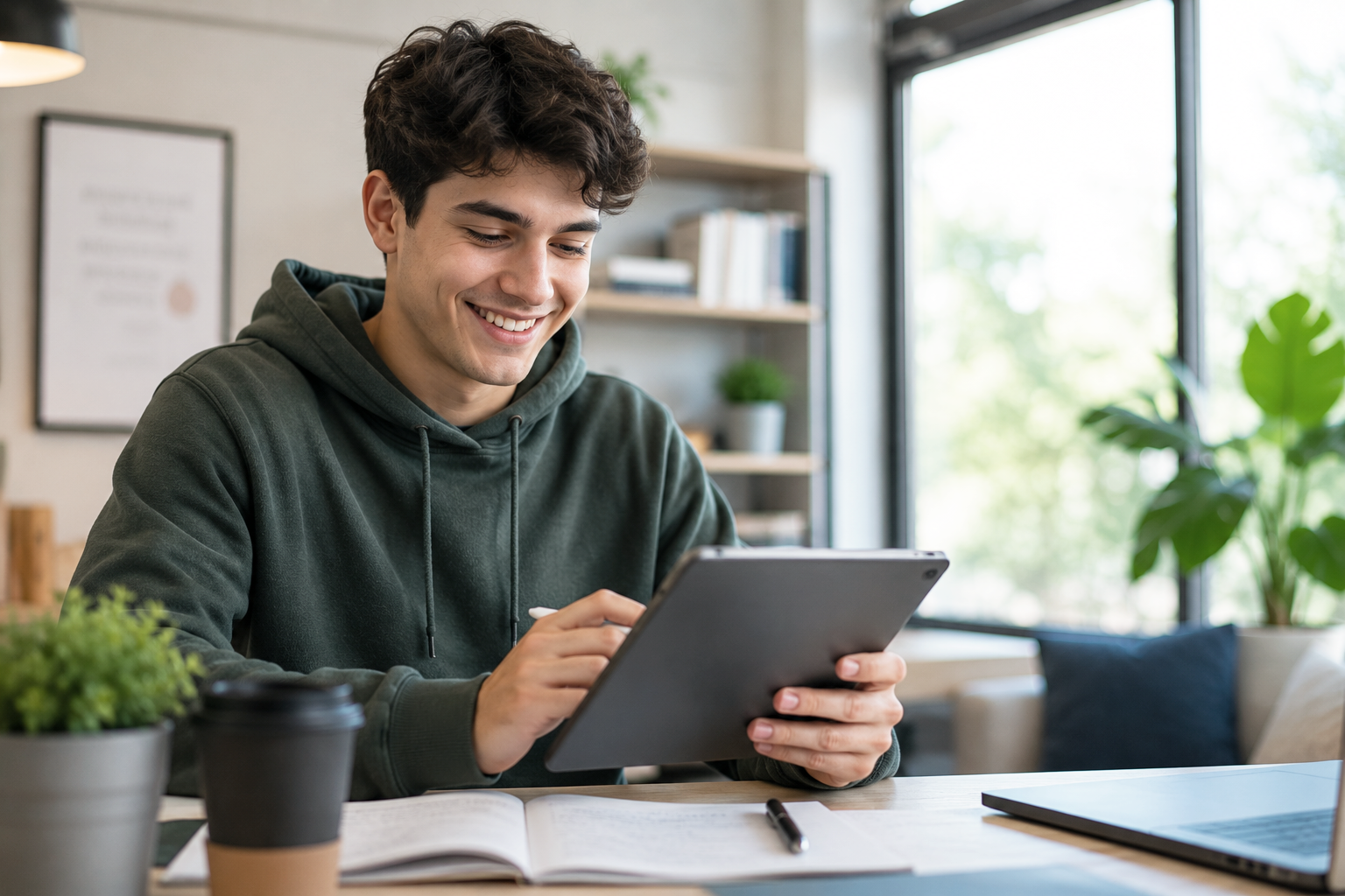 Young adult using a tablet while studying and organizing academic work