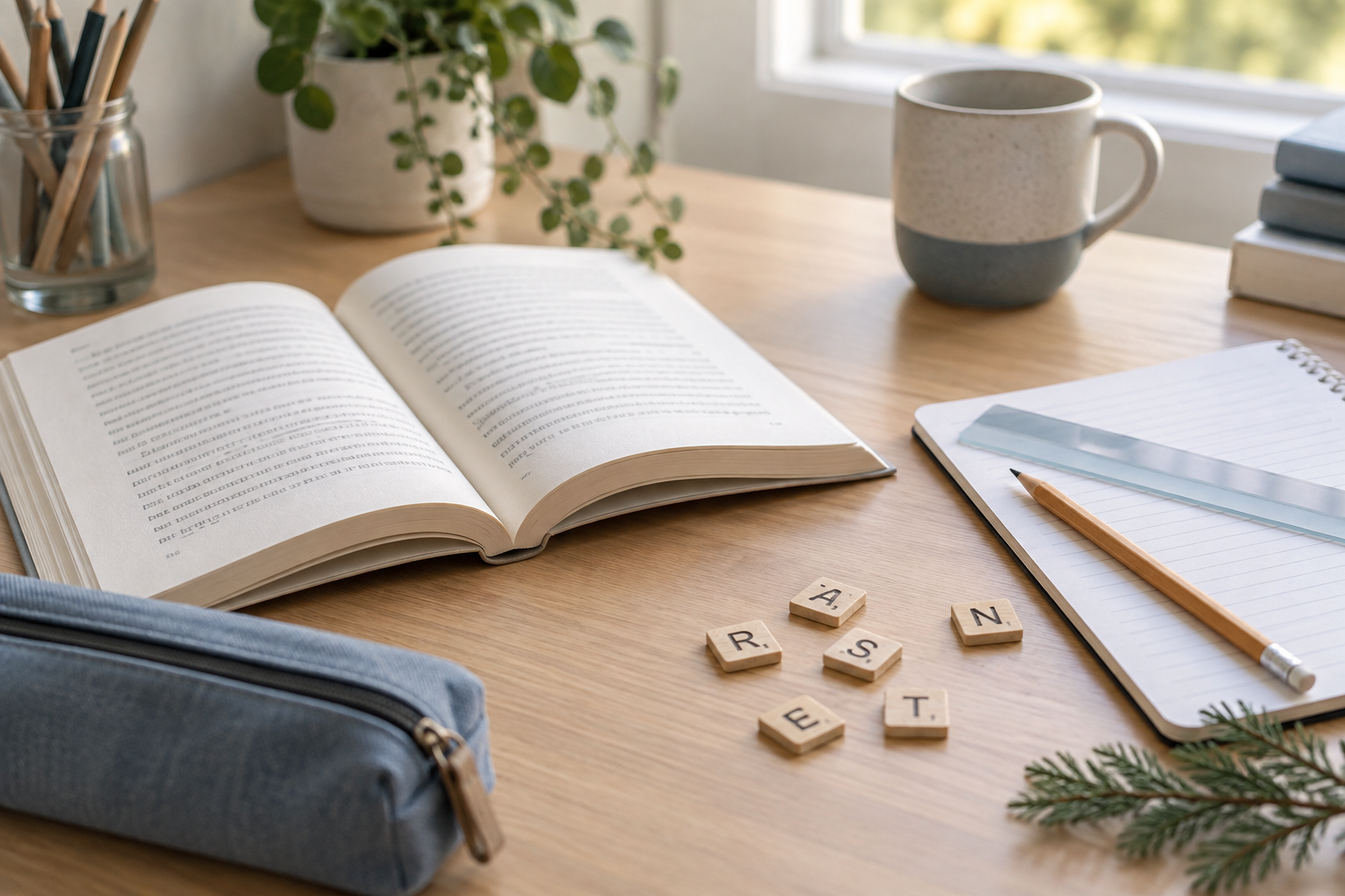 Open book, notebook, pencil, and letter tiles arranged on a softly lit desk.