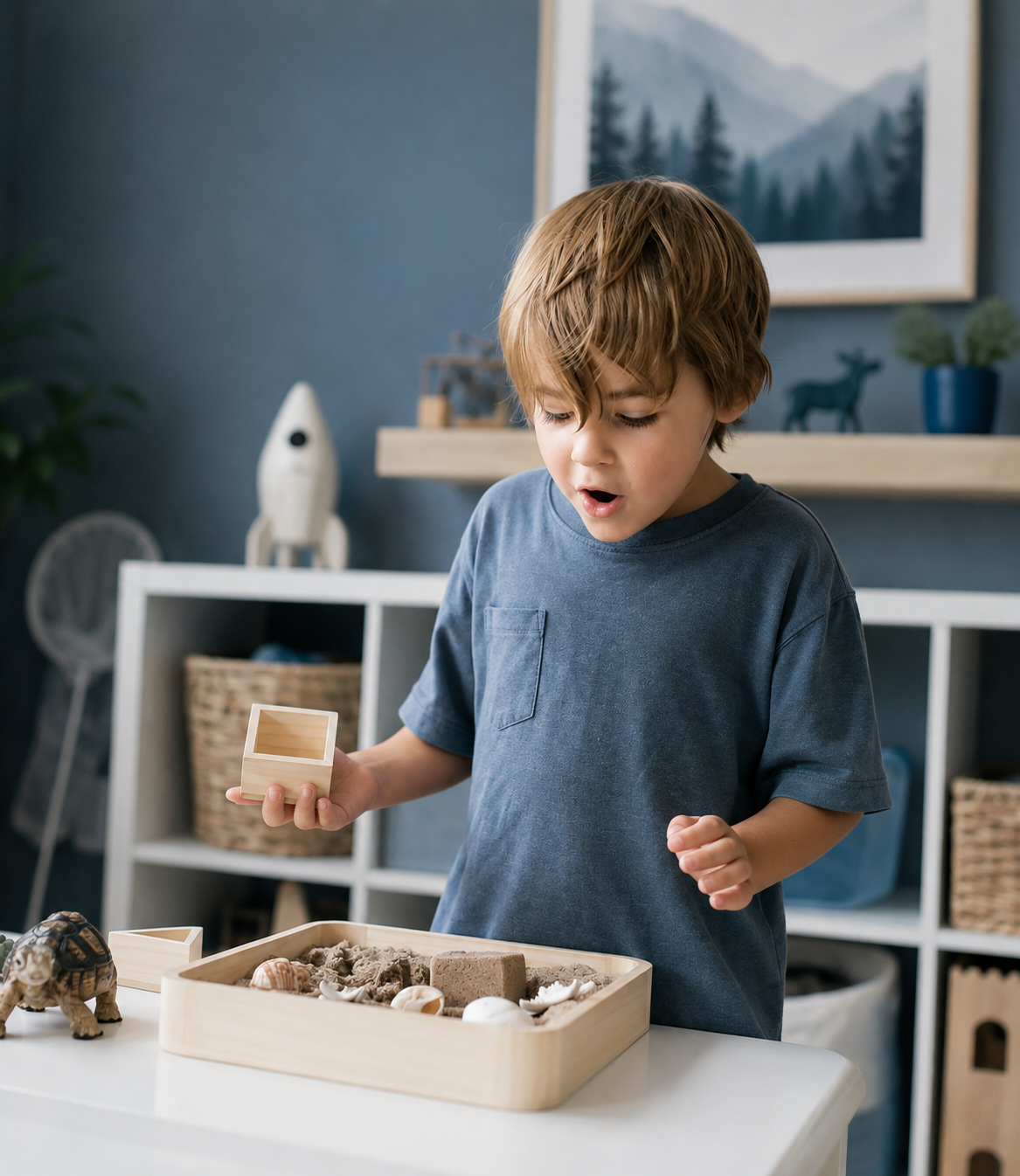 School-age child exploring objects in a sensory tray during a problem-solving activity