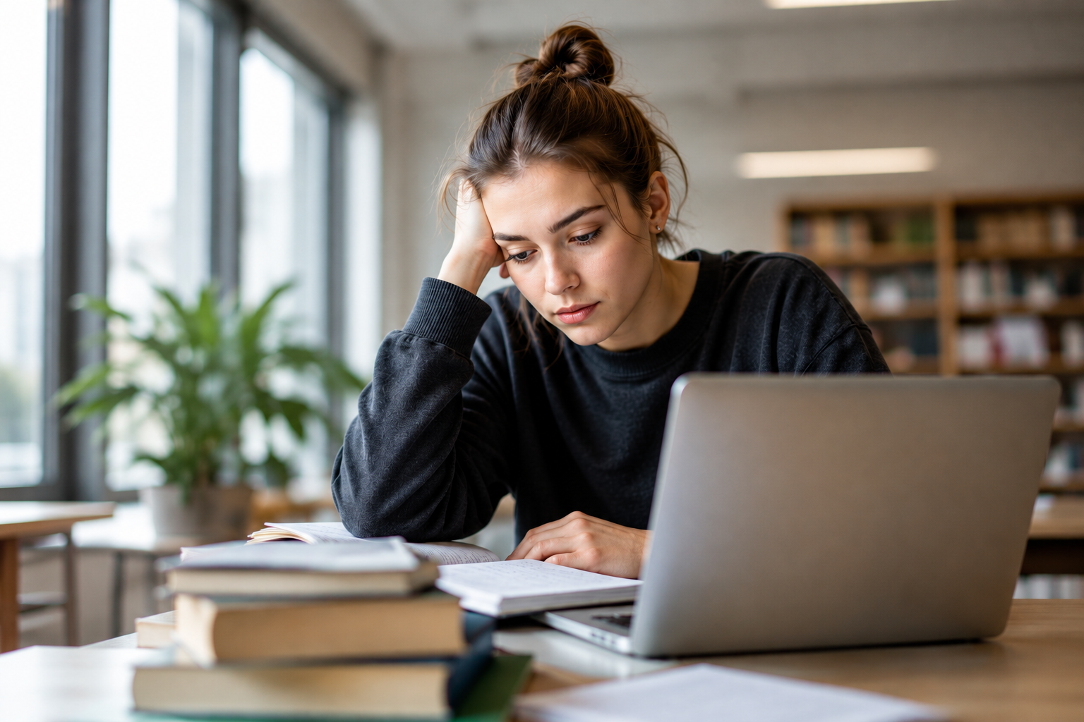 Student having difficulty focusing while studying with books and a laptop