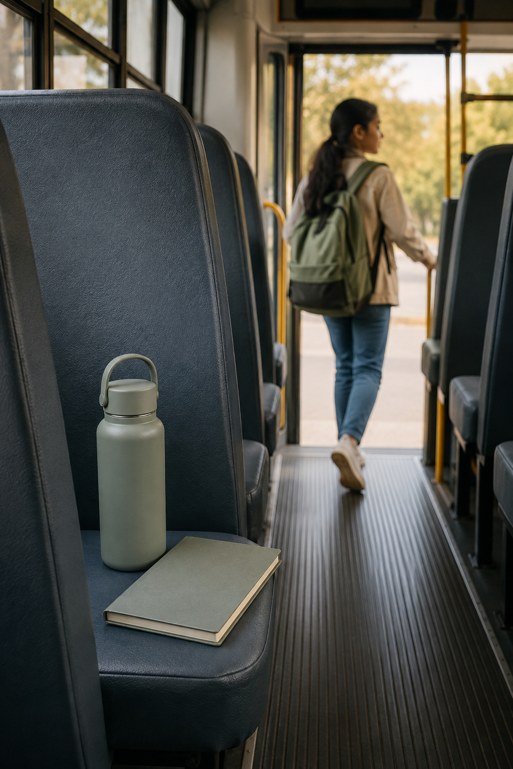 Student leaving a school bus with a water bottle and notebook left behind