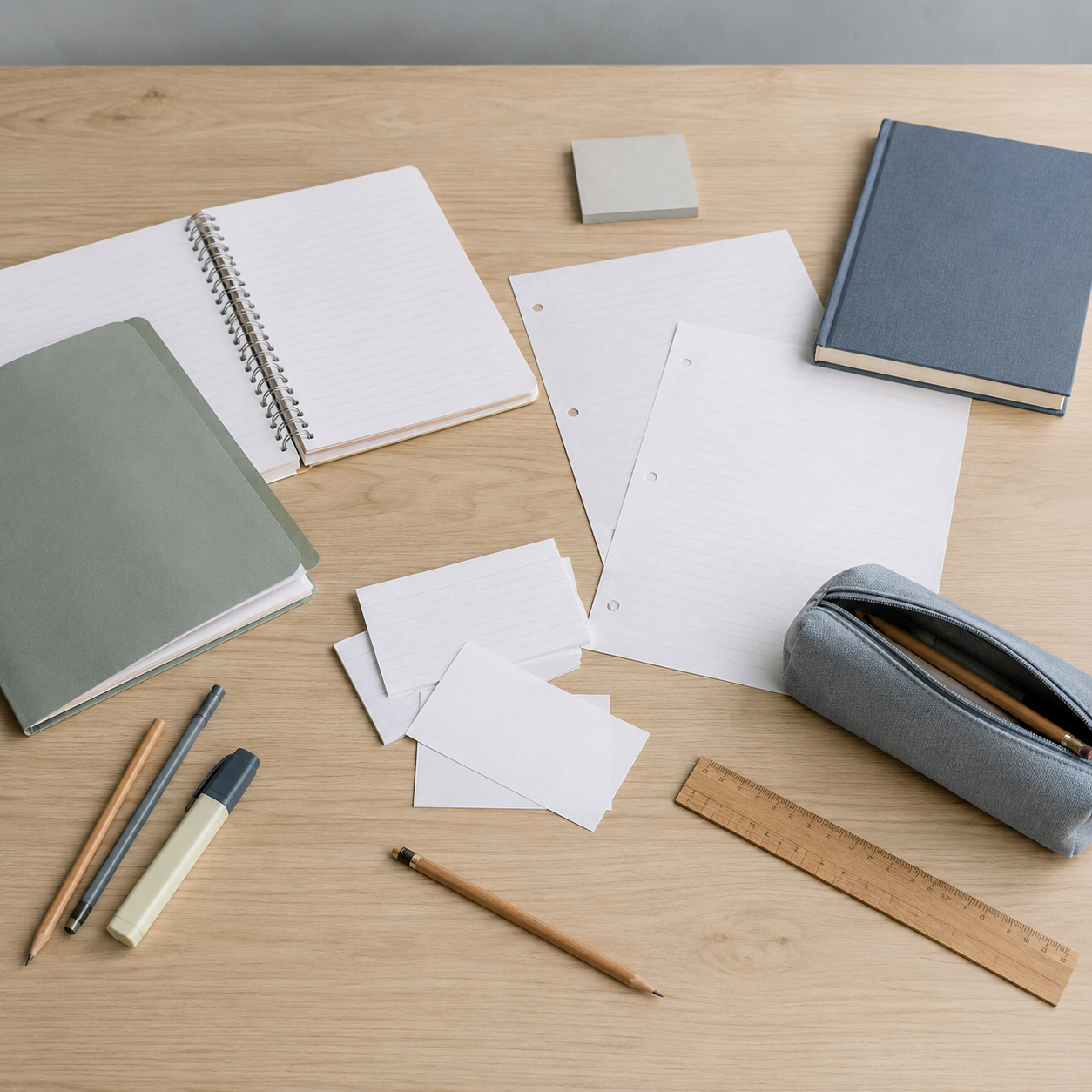 Notebooks, loose paper and school supplies representing organization and written-work demands