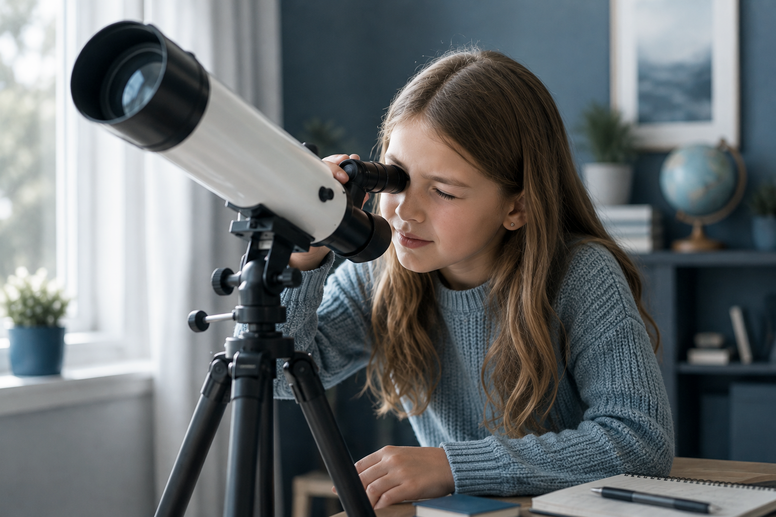 School-age child looking through a telescope while exploring an advanced interest