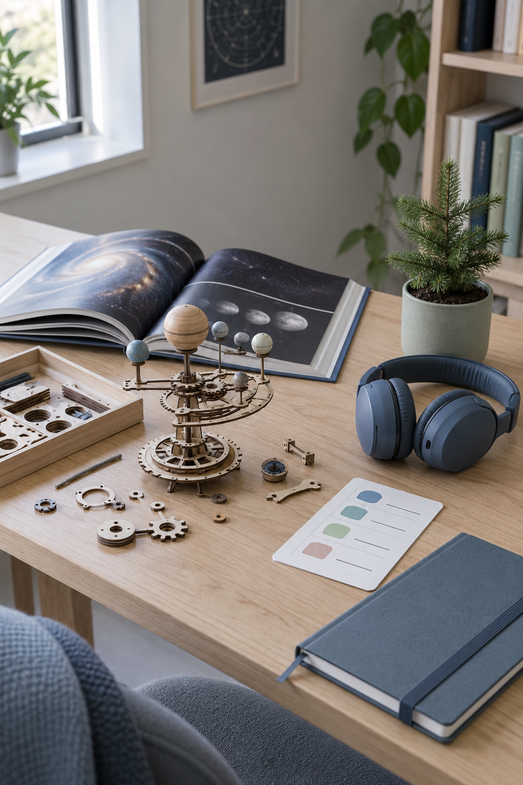 Astronomy book, mechanical model, headphones and visual schedule arranged on a study desk.