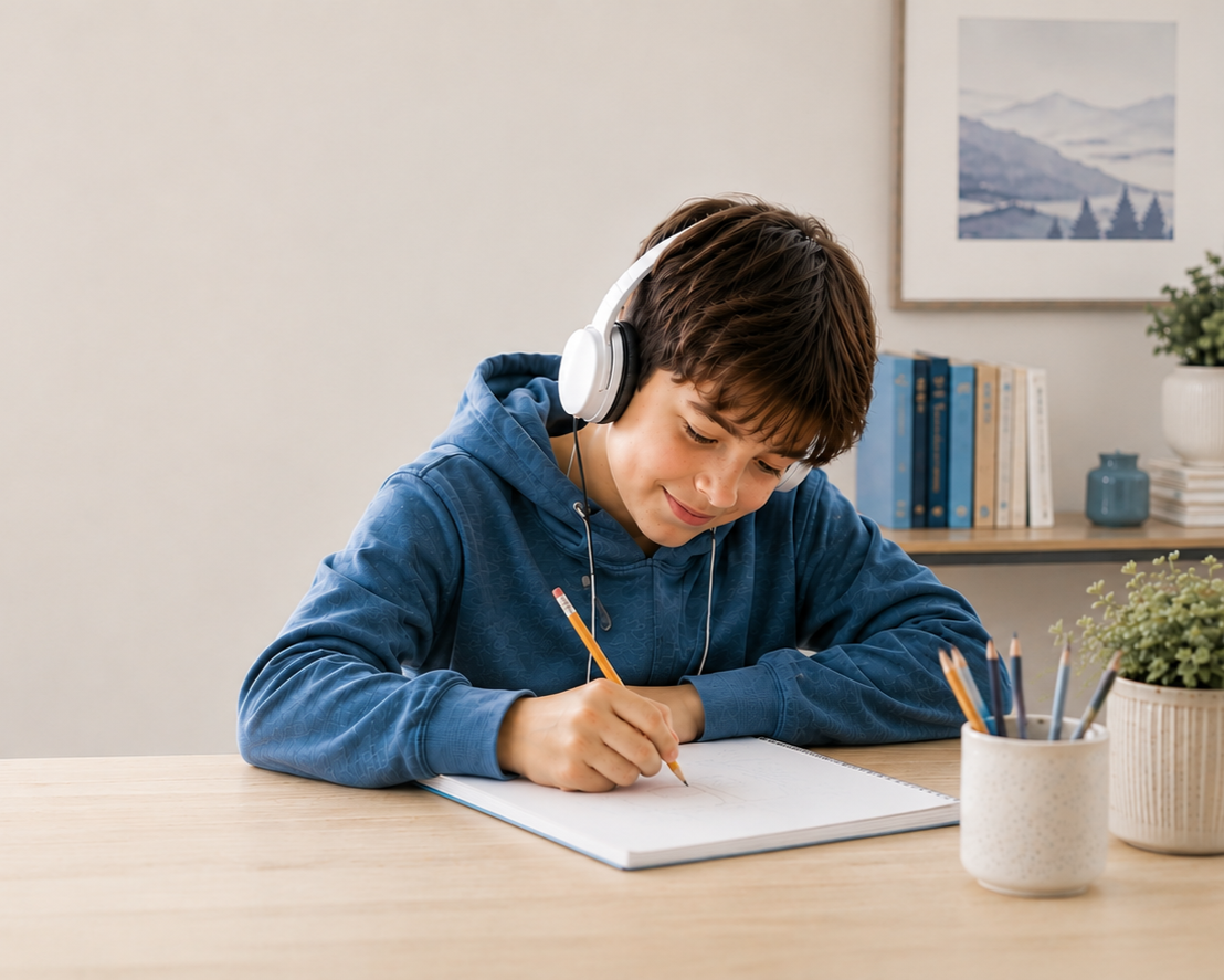 Child wearing headphones while doing schoolwork for guidance on why bright children may struggle in school