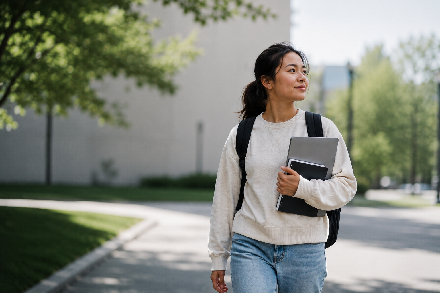 Post-secondary student carrying a tablet and school materials on campus