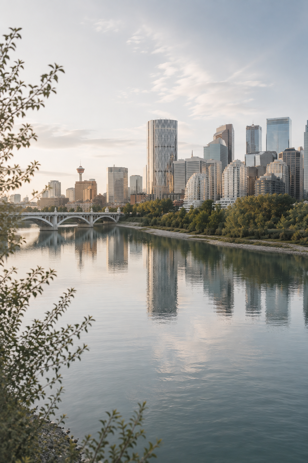 Calgary skyline along the Bow River representing the communities served by Blue Spruce Psychology