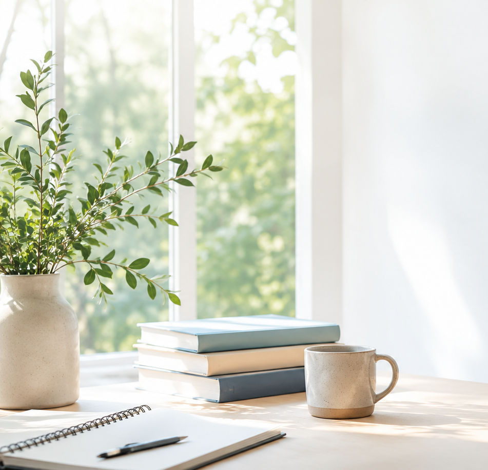 Books and notebook by a sunlit window representing parent resources on learning, ADHD, giftedness, and assessment