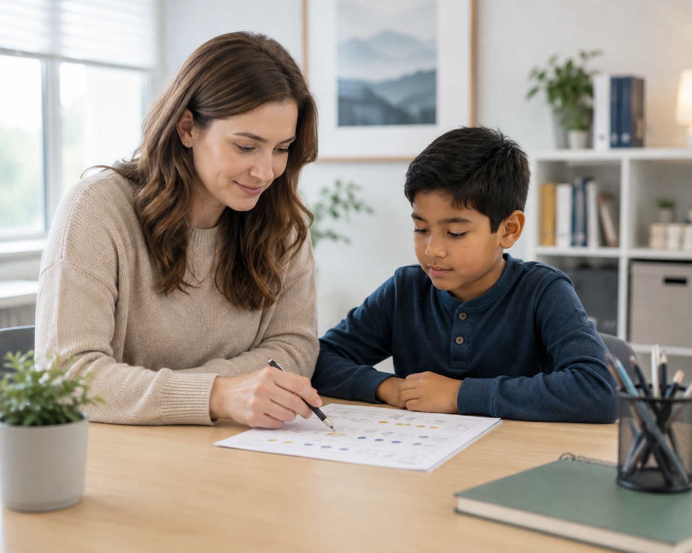 Psychologist guiding a child through visual reasoning tasks during a gifted assessment