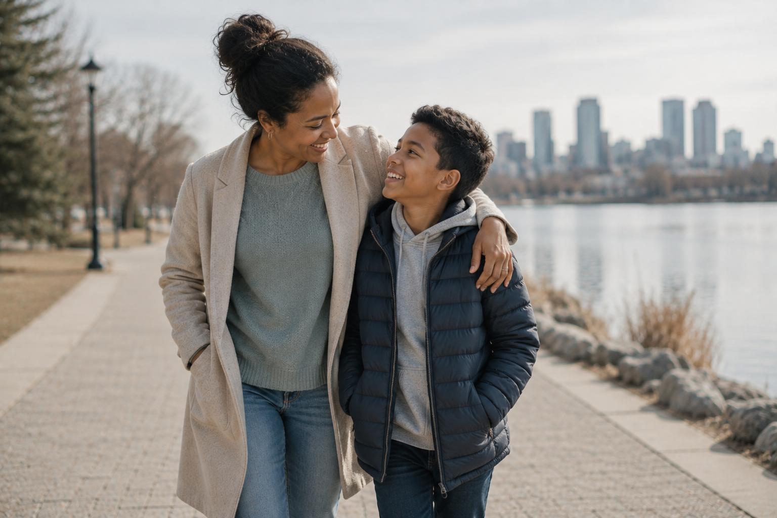 Parent and school-age child walking together in Calgary
